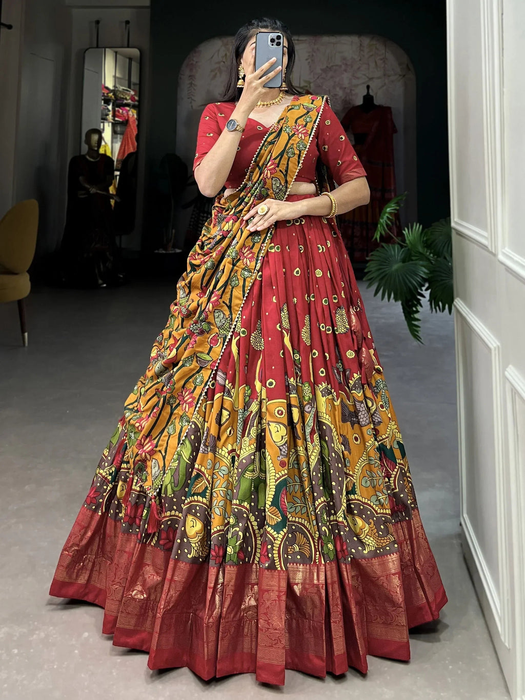 Red Fetching Kalamkari Print Tussar Silk Festival Wear Lehenga Choli