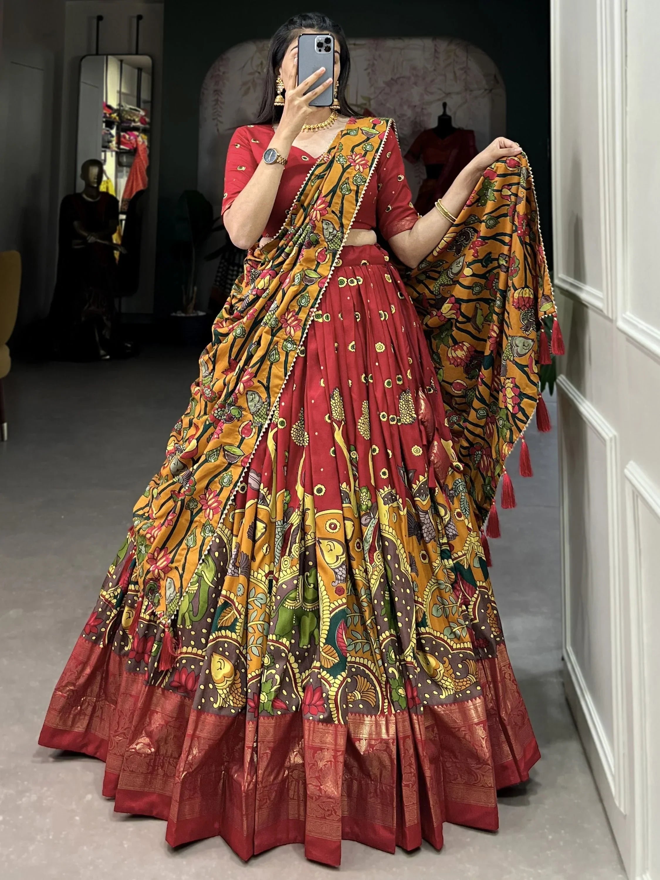 Red Fetching Kalamkari Print Tussar Silk Festival Wear Lehenga Choli