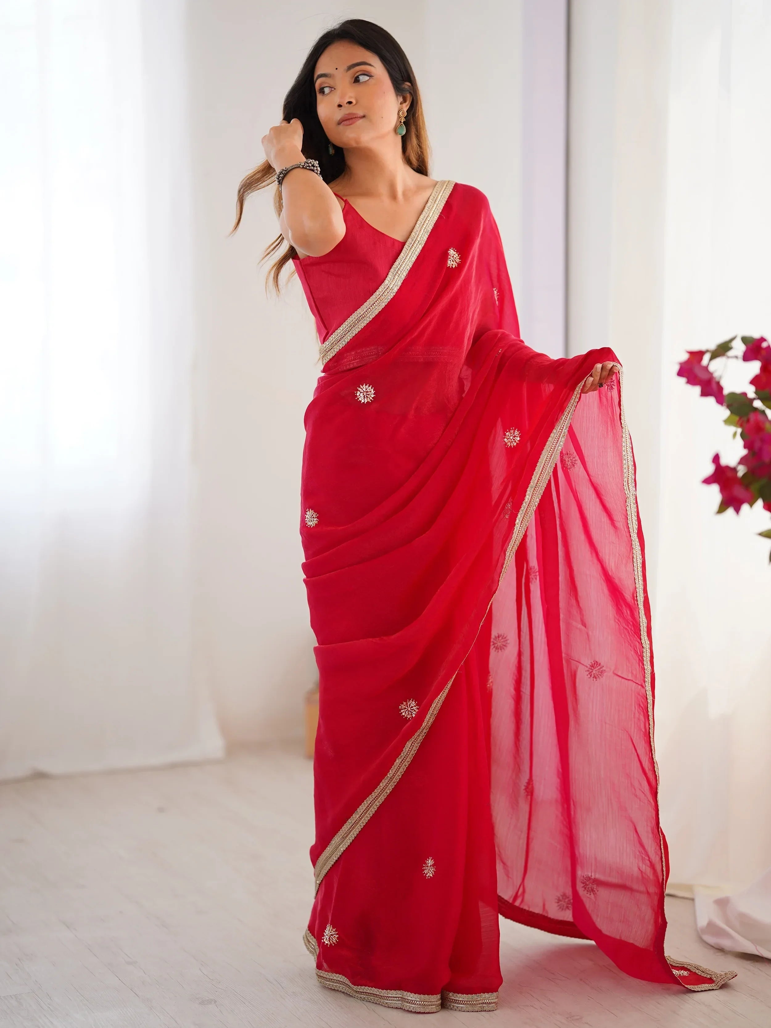 Red Adorning Silk Sequins Ceremonial Wear Saree With Blouse