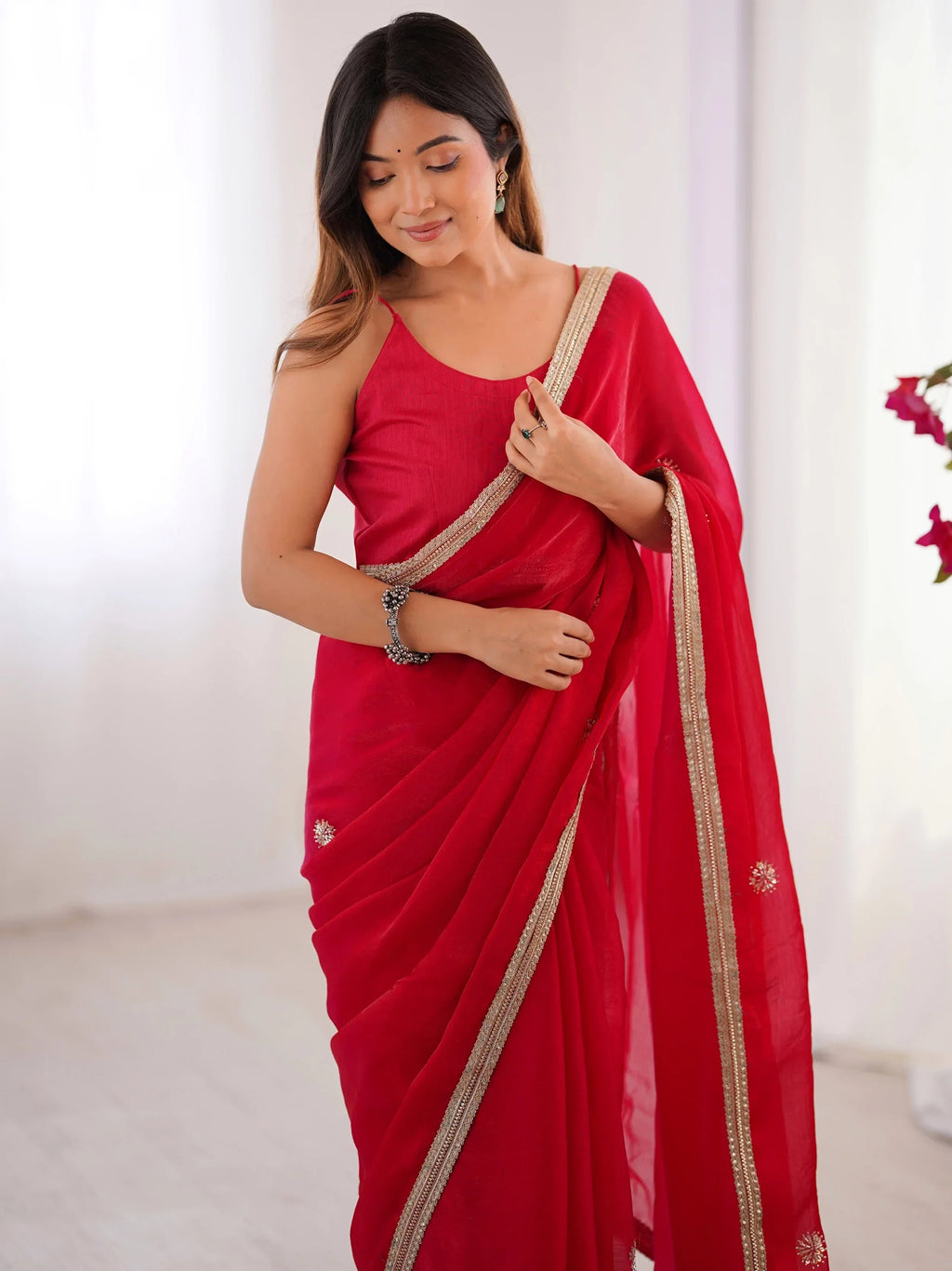Red Adorning Silk Sequins Ceremonial Wear Saree With Blouse