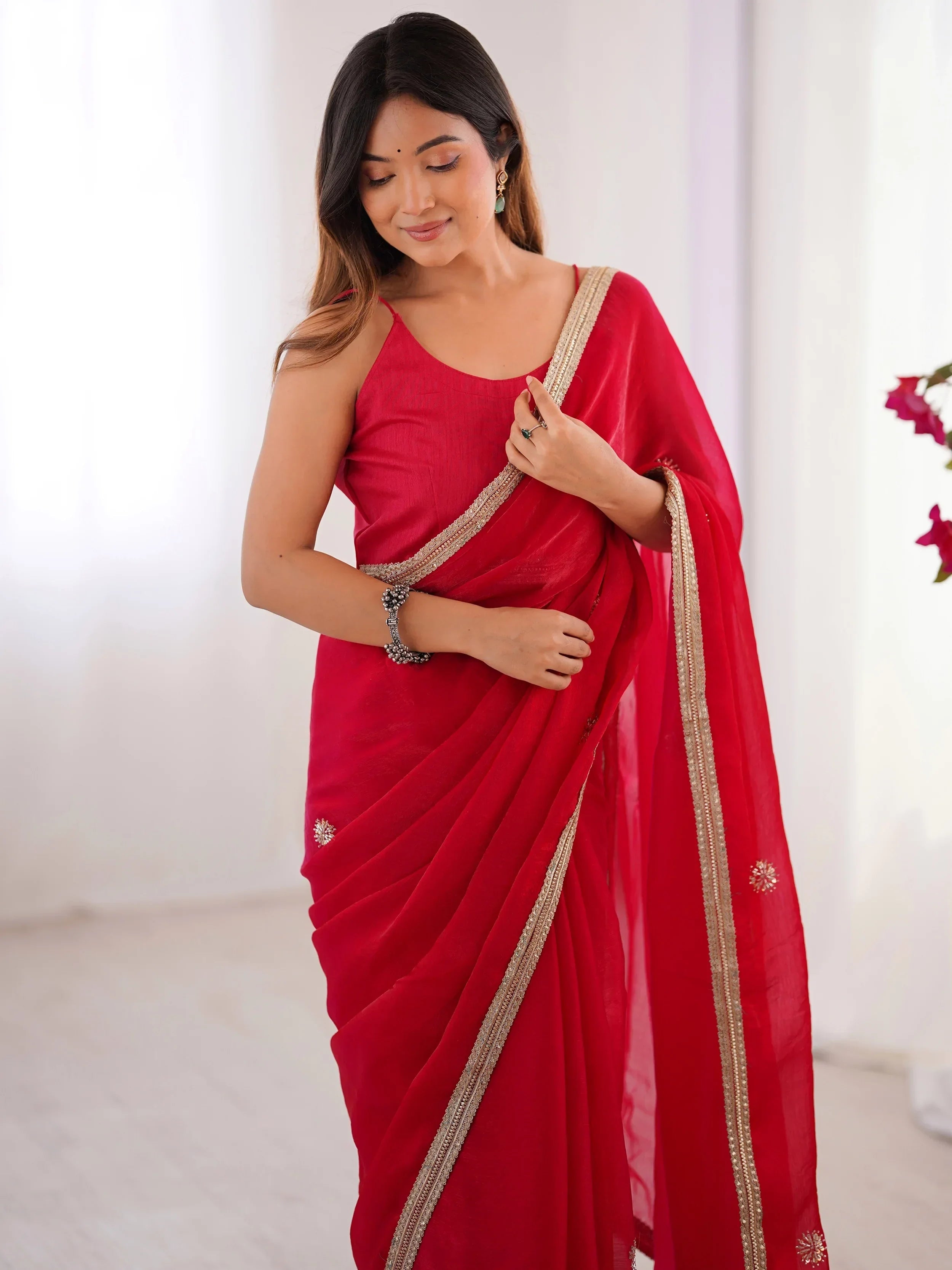 Red Adorning Silk Sequins Ceremonial Wear Saree With Blouse