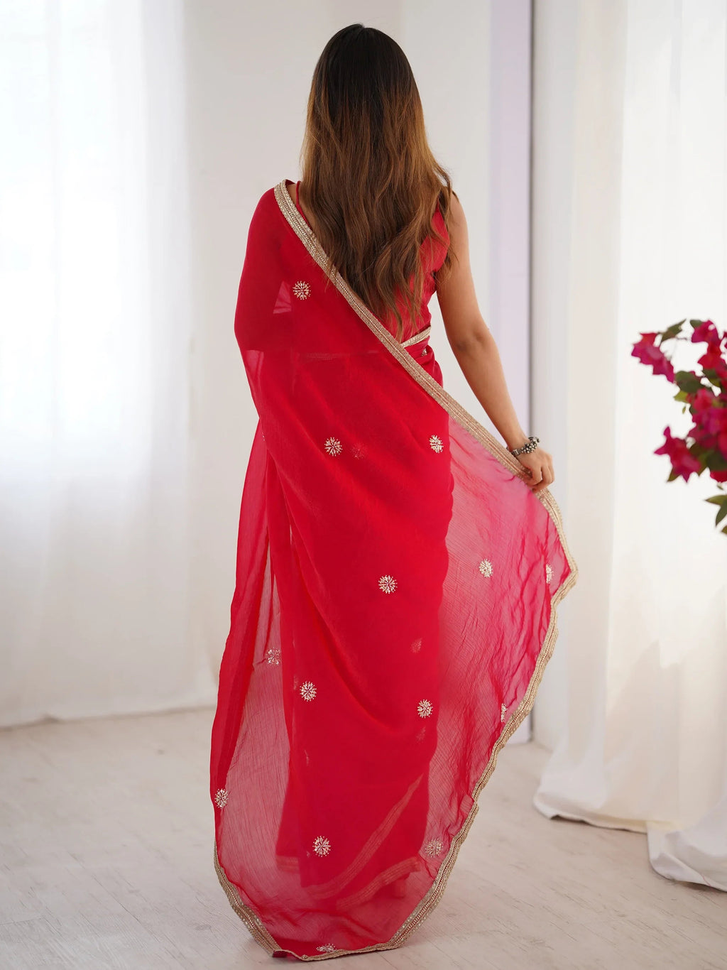 Red Adorning Silk Sequins Ceremonial Wear Saree With Blouse