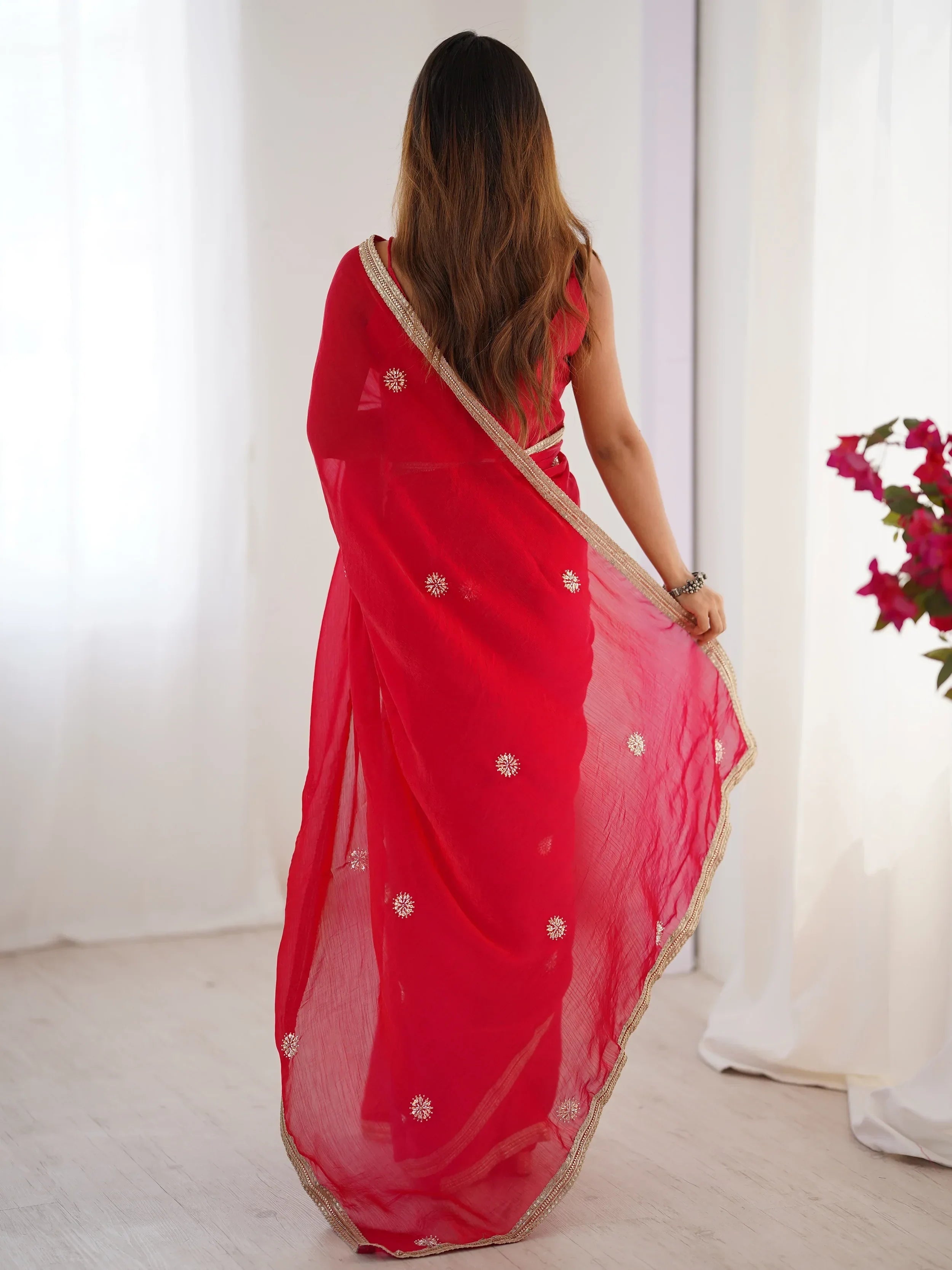 Red Adorning Silk Sequins Ceremonial Wear Saree With Blouse
