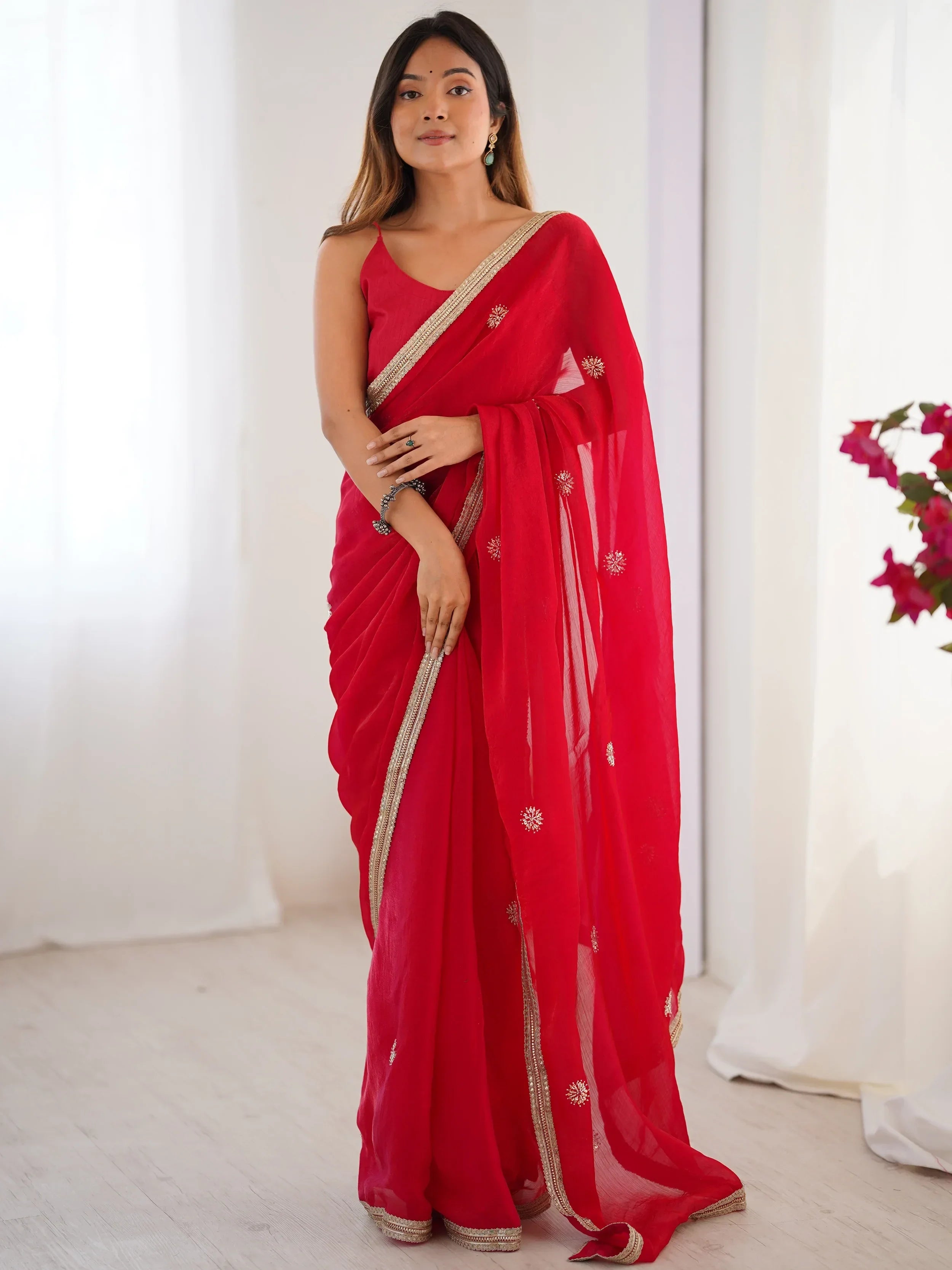 Red Adorning Silk Sequins Ceremonial Wear Saree With Blouse