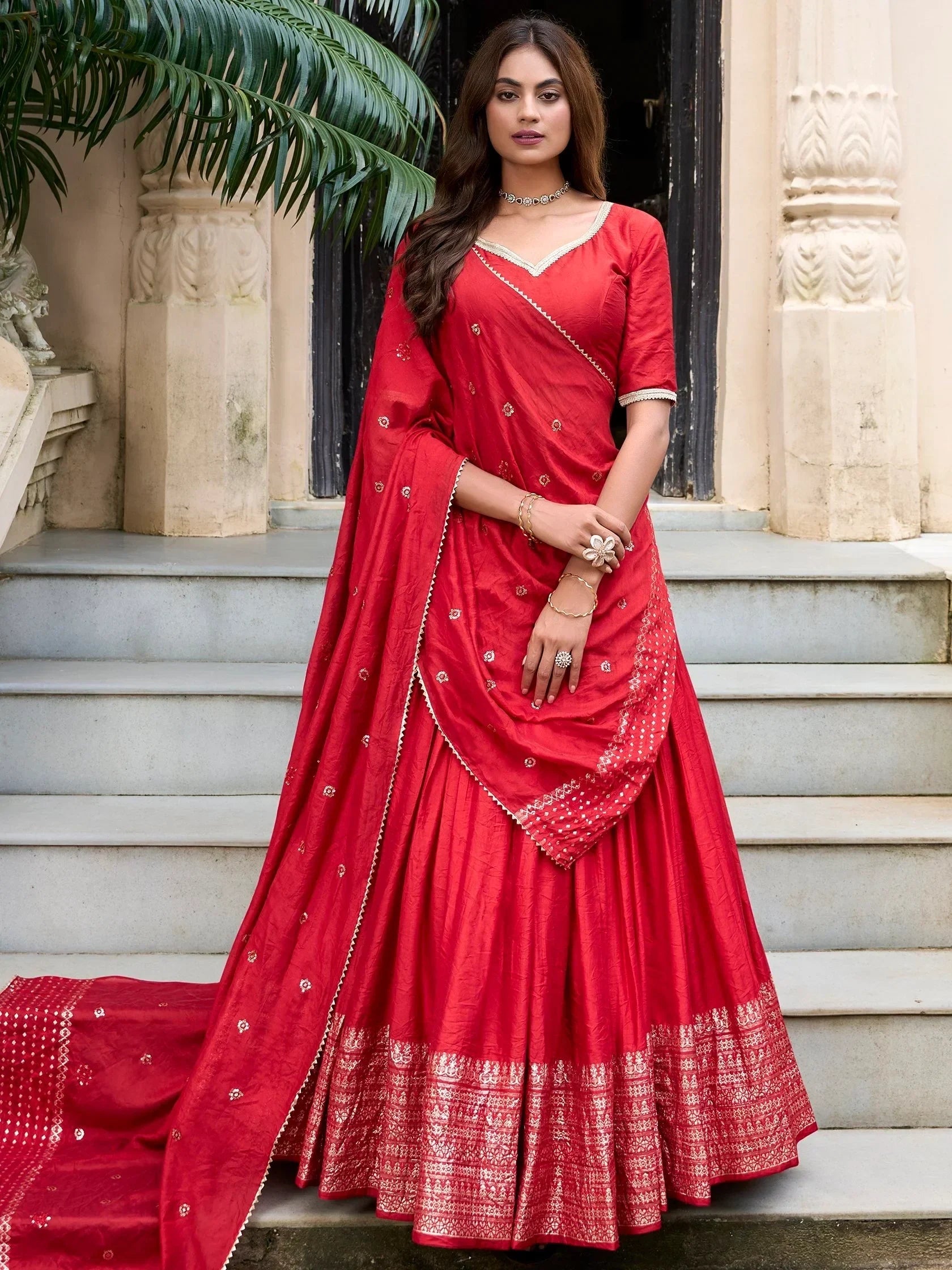 Red Awesome Zari Weaving Chanderi Silk Festive Wear Lehenga Choli