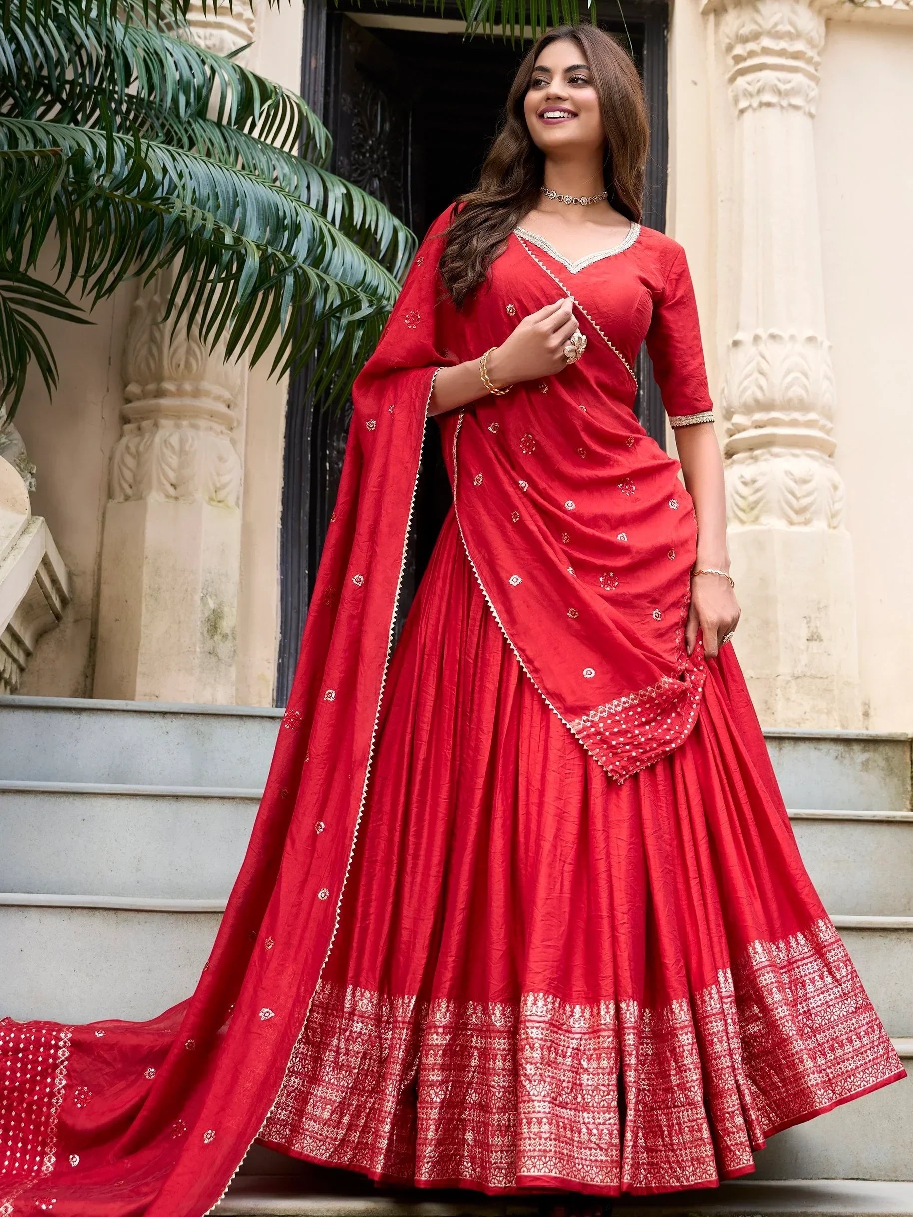 Red Awesome Zari Weaving Chanderi Silk Festive Wear Lehenga Choli