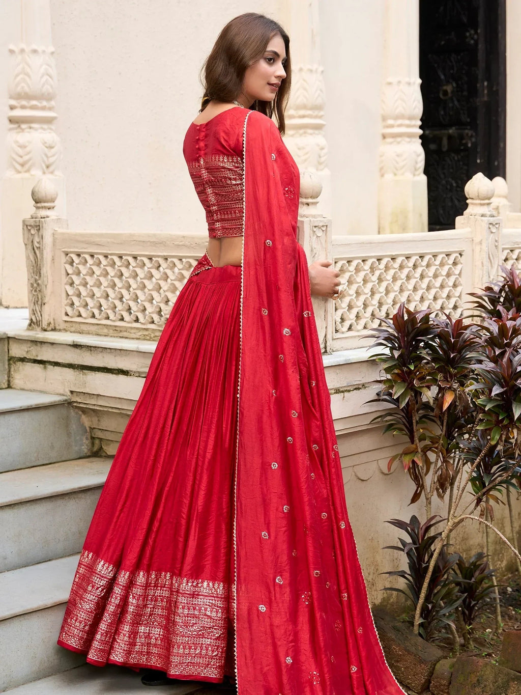 Red Awesome Zari Weaving Chanderi Silk Festive Wear Lehenga Choli
