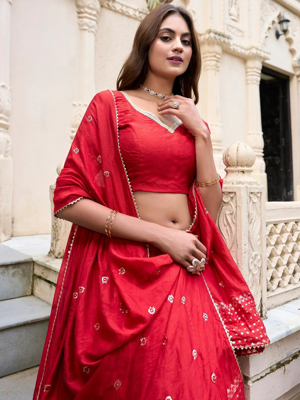 Red Awesome Zari Weaving Chanderi Silk Festive Wear Lehenga Choli