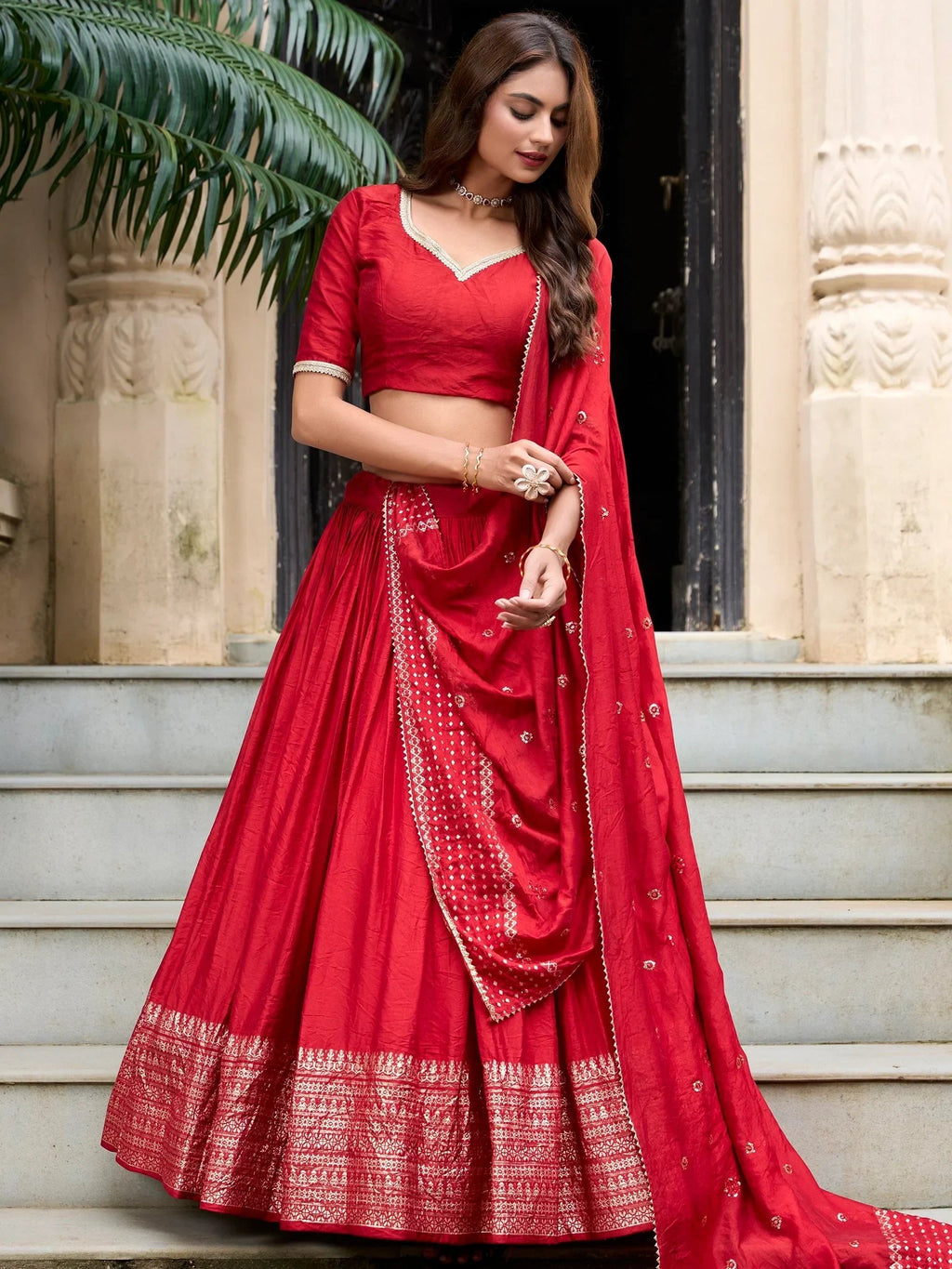 Red Awesome Zari Weaving Chanderi Silk Festive Wear Lehenga Choli