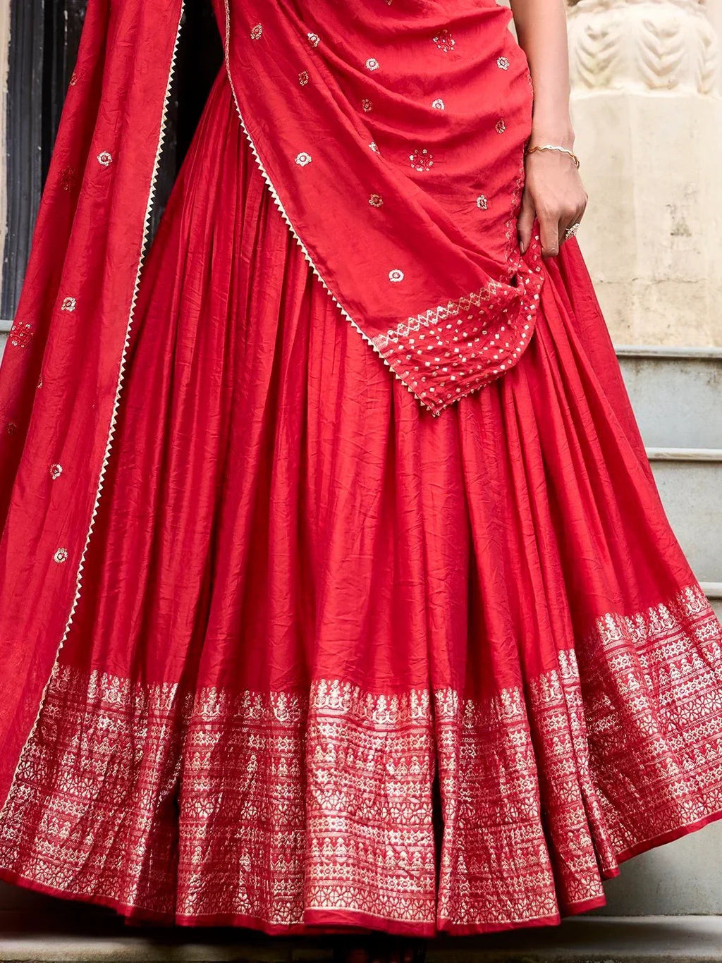 Red Awesome Zari Weaving Chanderi Silk Festive Wear Lehenga Choli