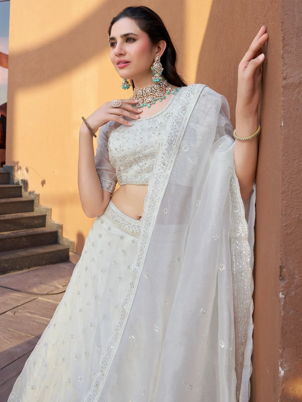 Lovely White Stone Work Organza Wedding Lehenga Choli With Dupatta