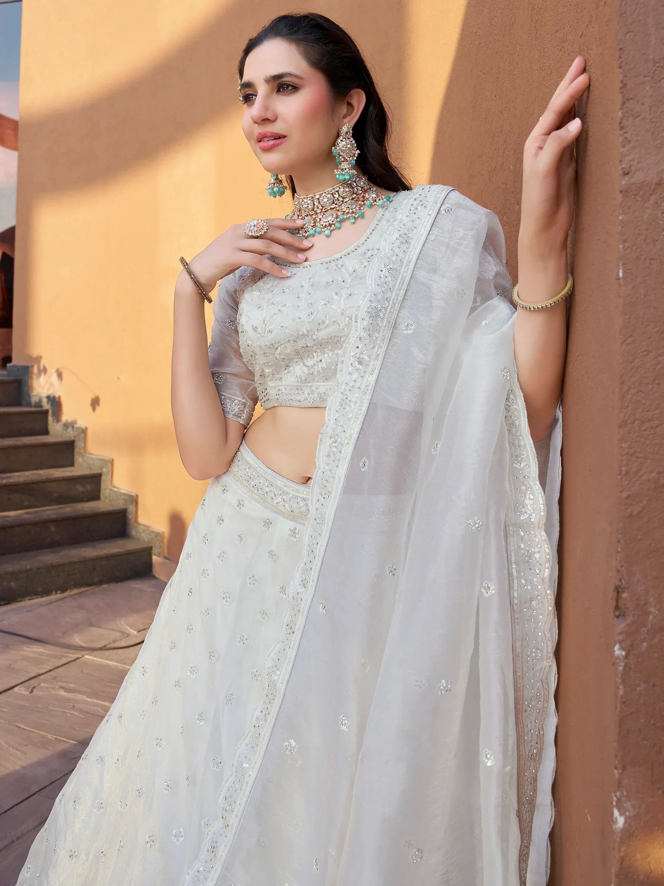 Lovely White Stone Work Organza Wedding Lehenga Choli With Dupatta