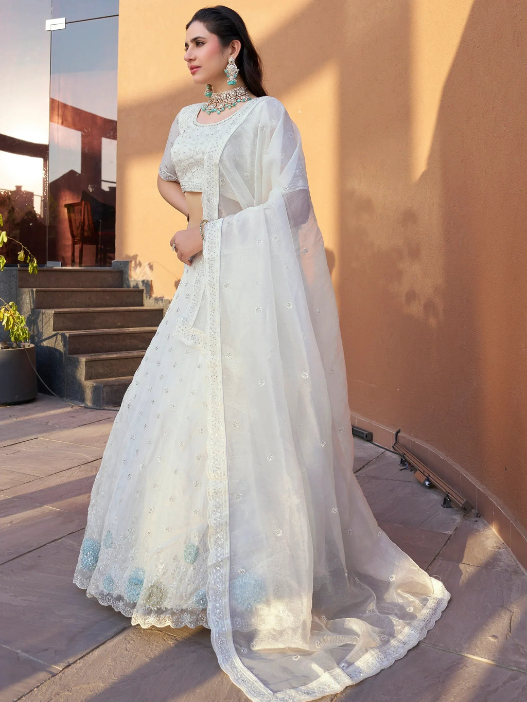 Lovely White Stone Work Organza Wedding Lehenga Choli With Dupatta