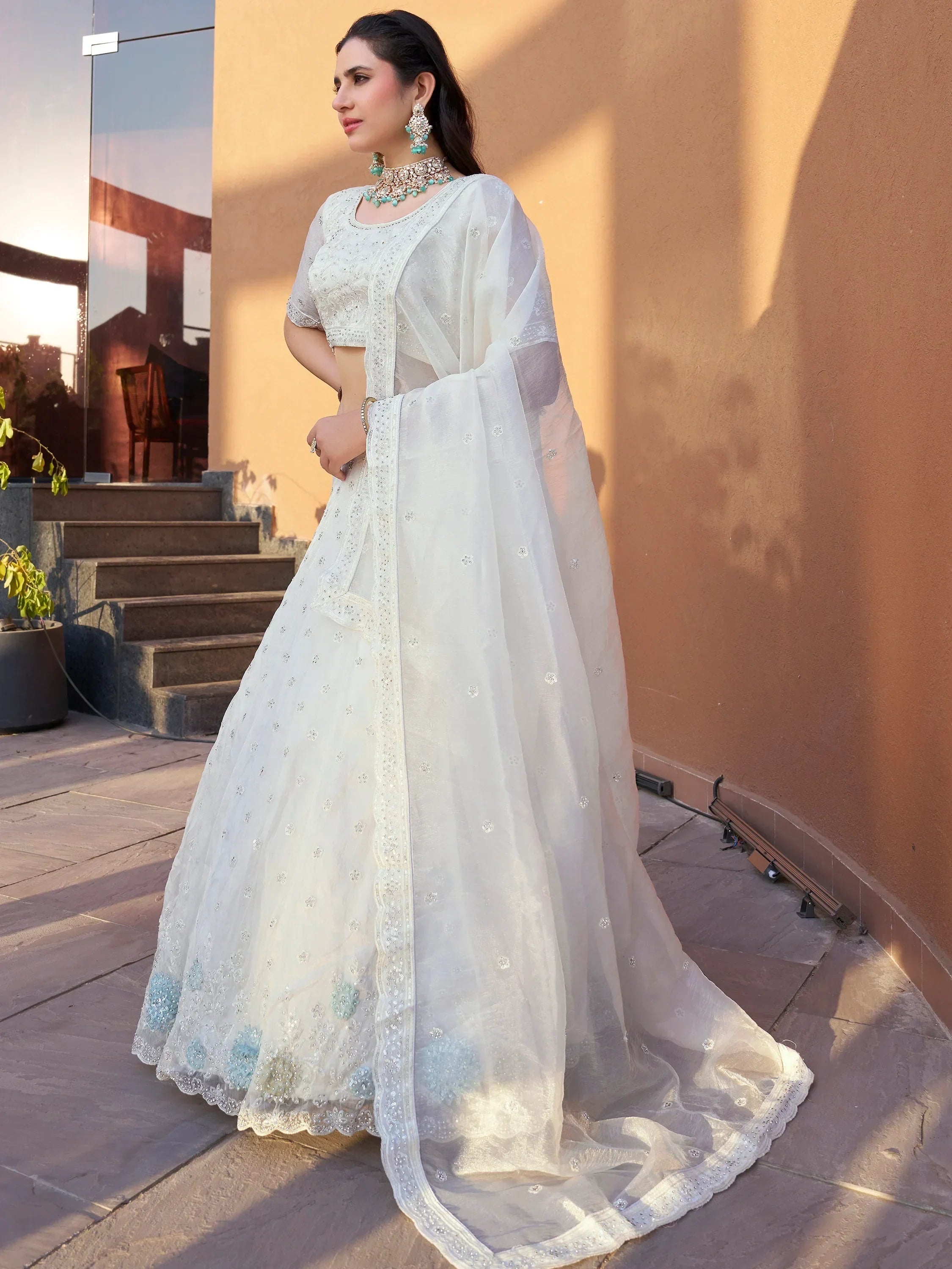 Lovely White Stone Work Organza Wedding Lehenga Choli With Dupatta