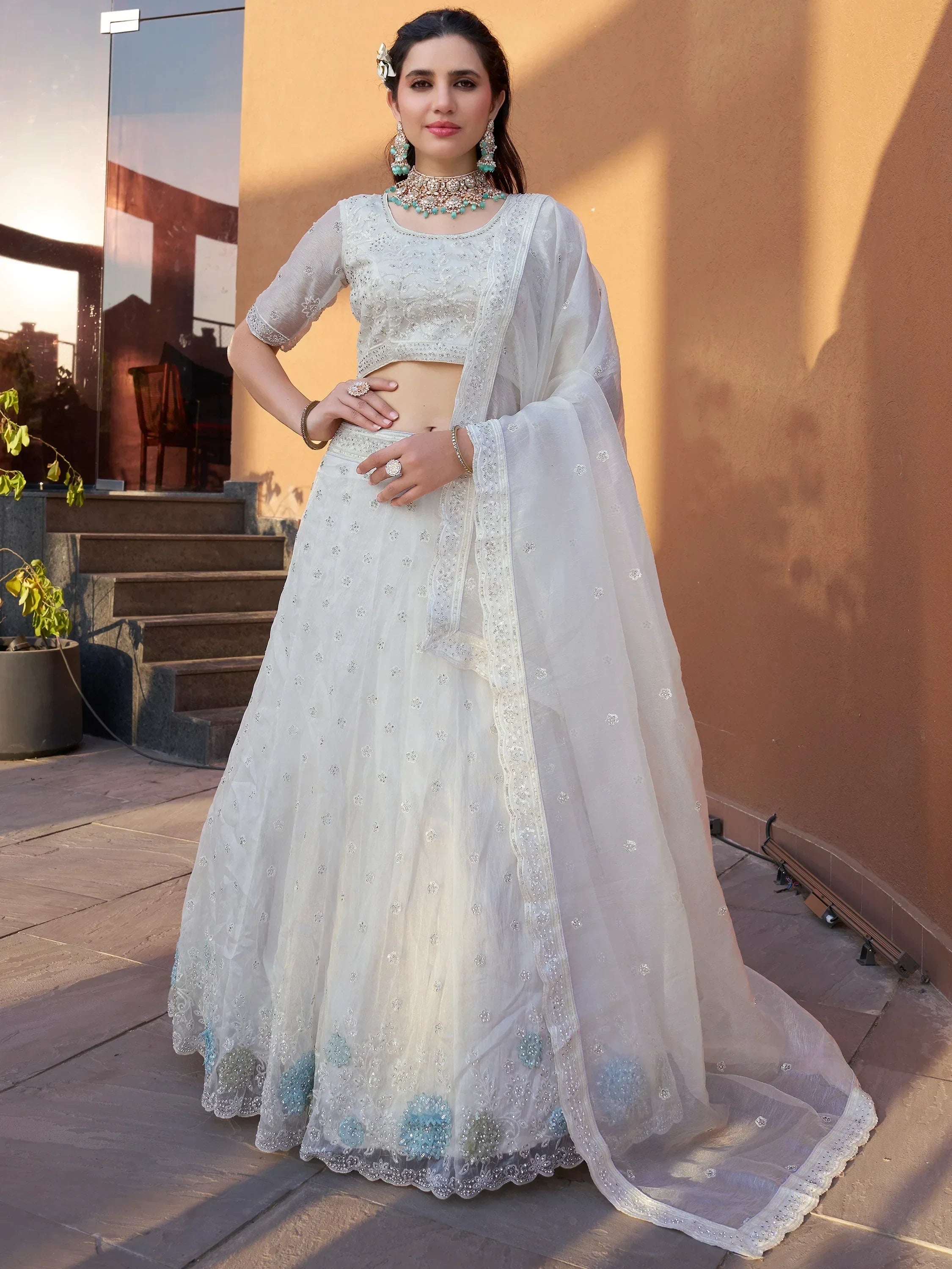 Lovely White Stone Work Organza Wedding Lehenga Choli With Dupatta