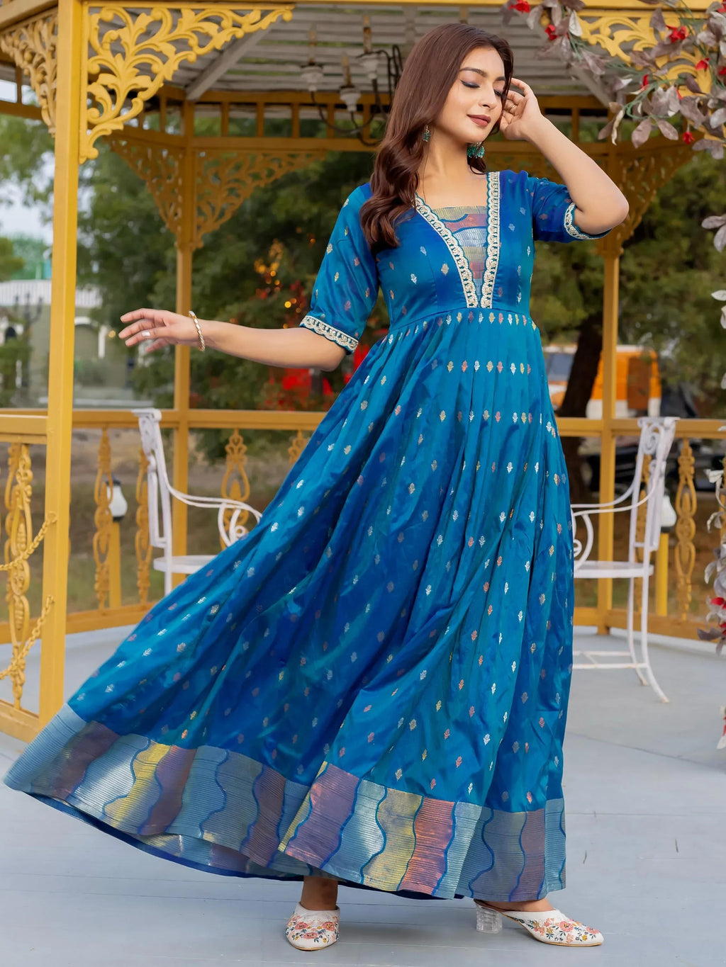Luxurious Blue Silk Zari Weaving Festival Wear Gown