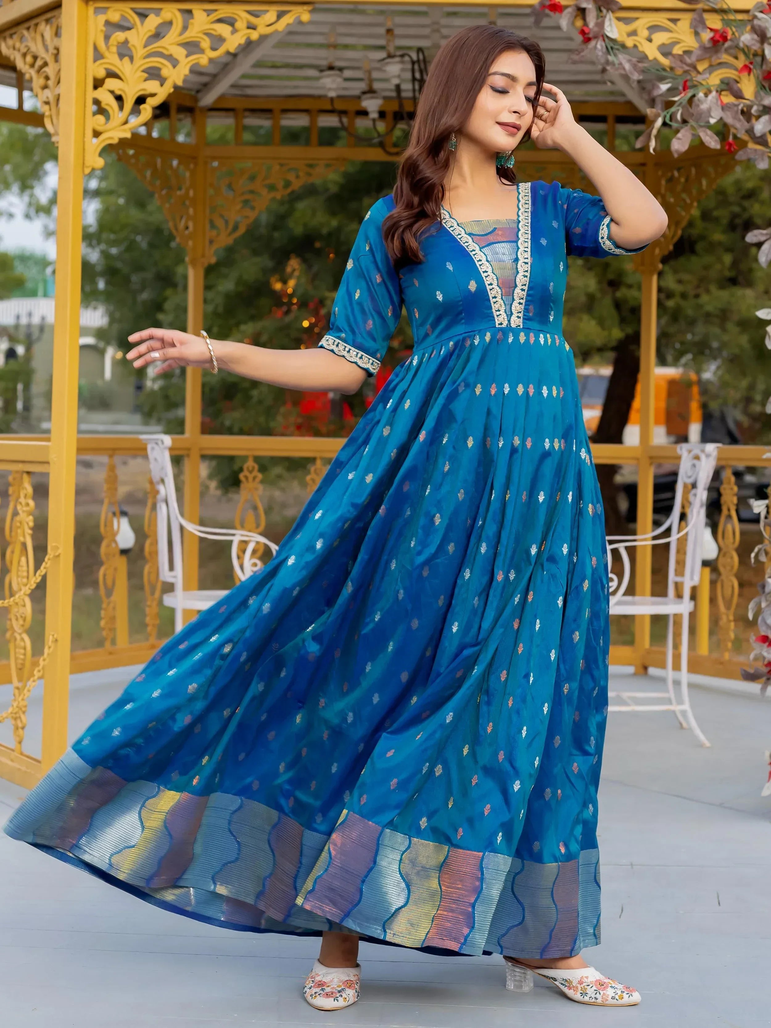 Luxurious Blue Silk Zari Weaving Festival Wear Gown
