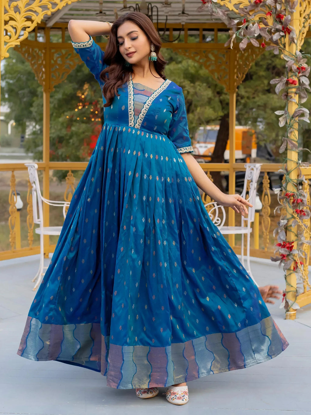 Luxurious Blue Silk Zari Weaving Festival Wear Gown
