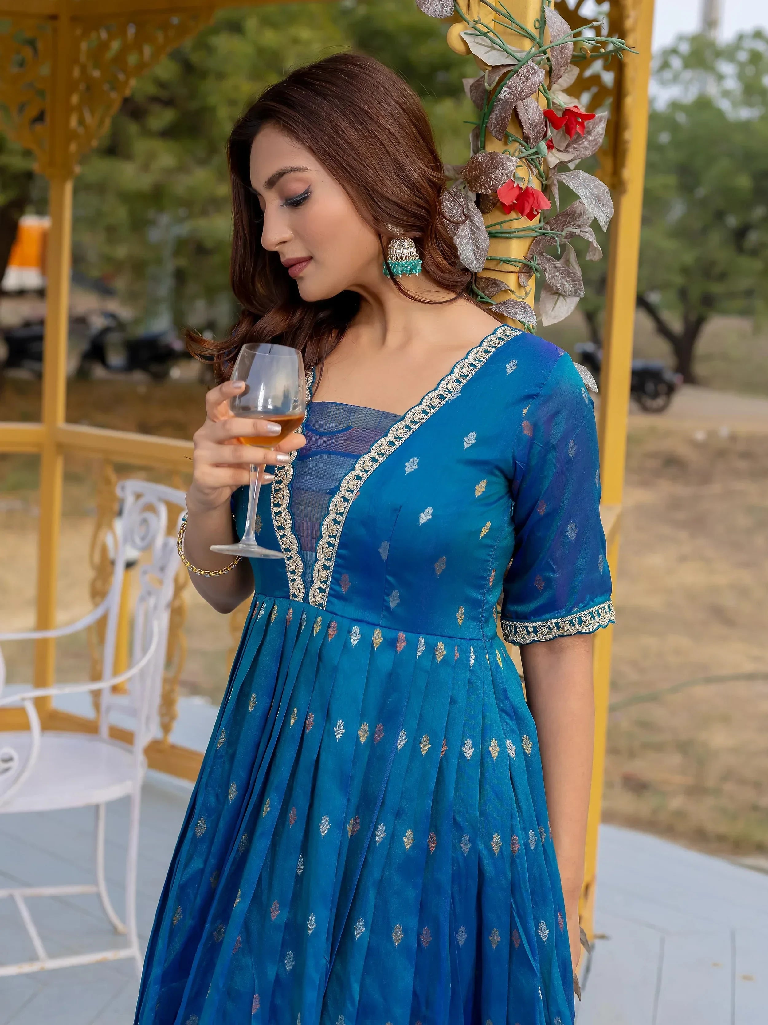 Luxurious Blue Silk Zari Weaving Festival Wear Gown