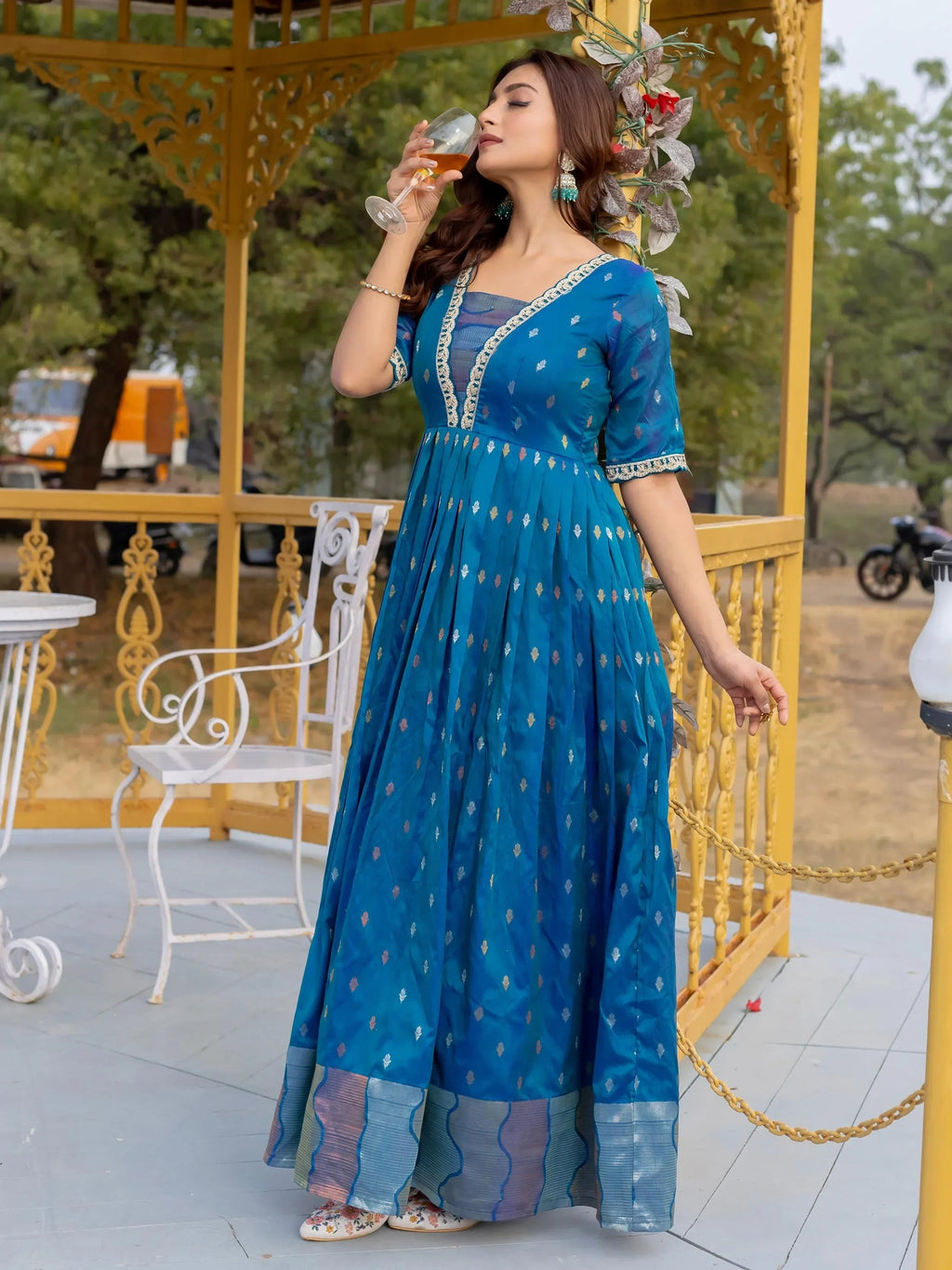Luxurious Blue Silk Zari Weaving Festival Wear Gown
