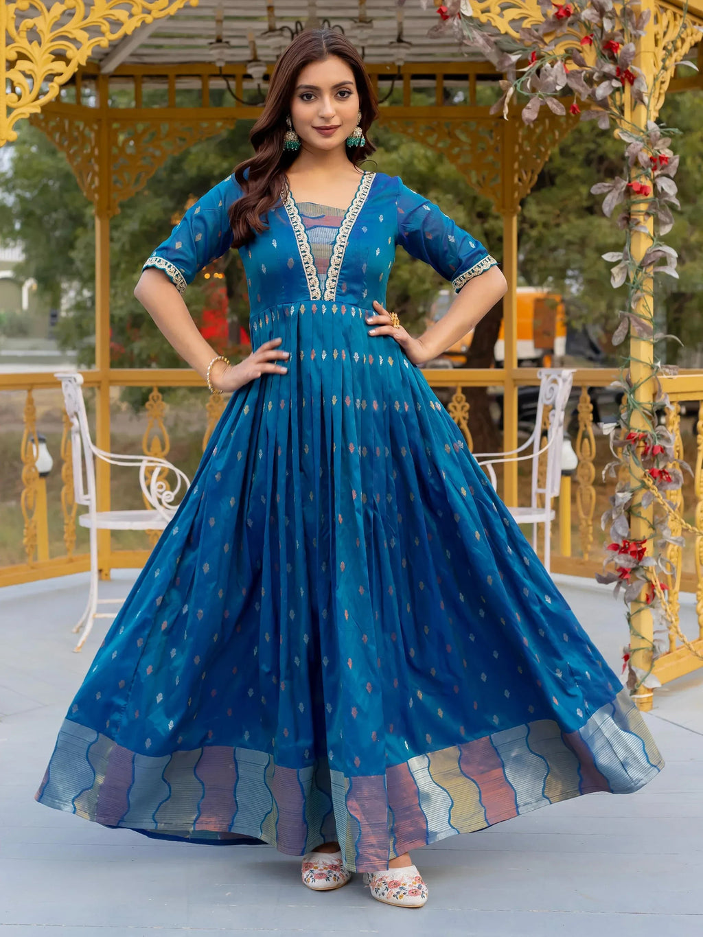 Luxurious Blue Silk Zari Weaving Festival Wear Gown