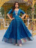 Luxurious Blue Silk Zari Weaving Festival Wear Gown