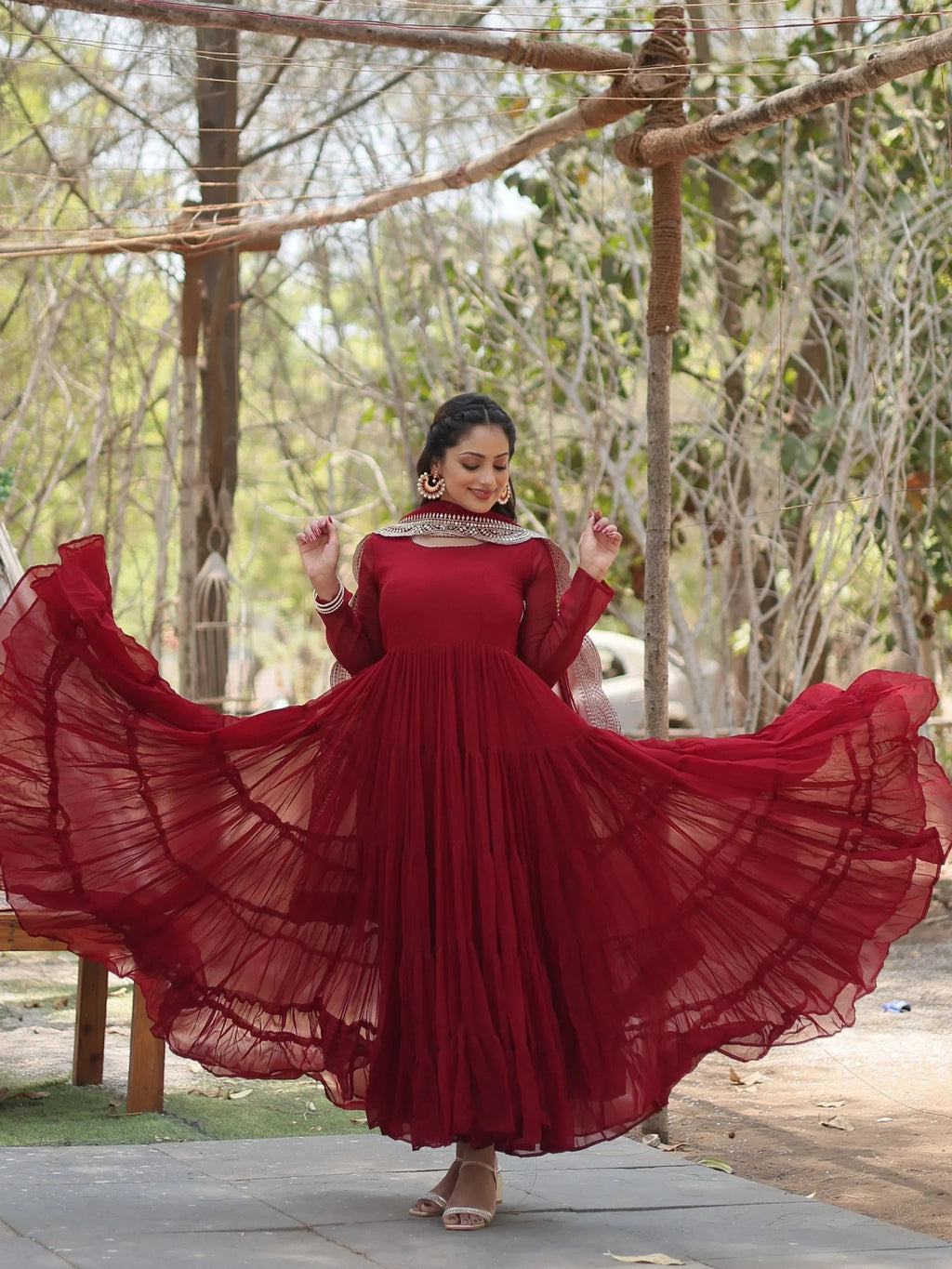 Maroon Stunning Georgette Function Wear Plain Gown With Dupatta