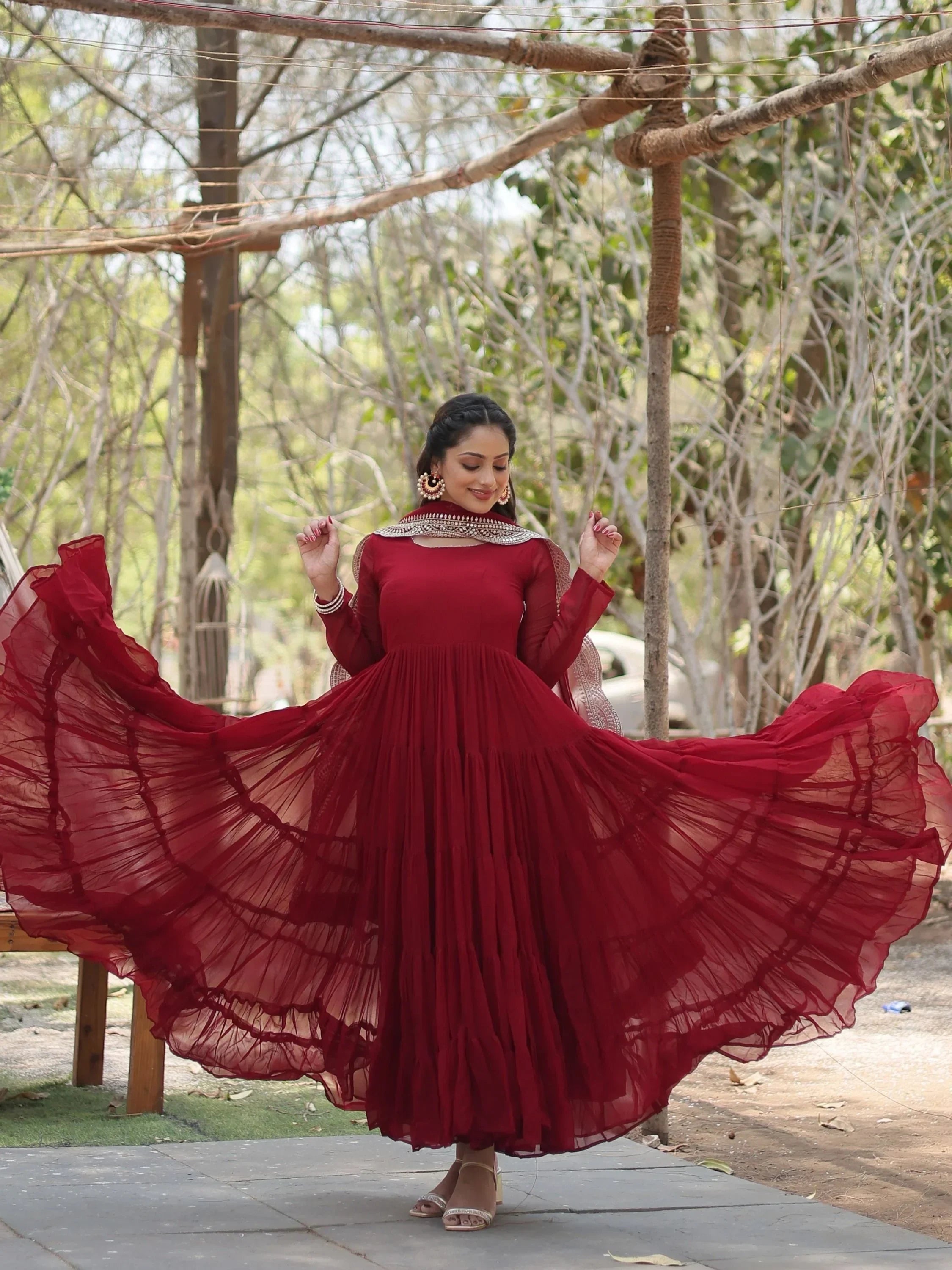 Maroon Stunning Georgette Function Wear Plain Gown With Dupatta