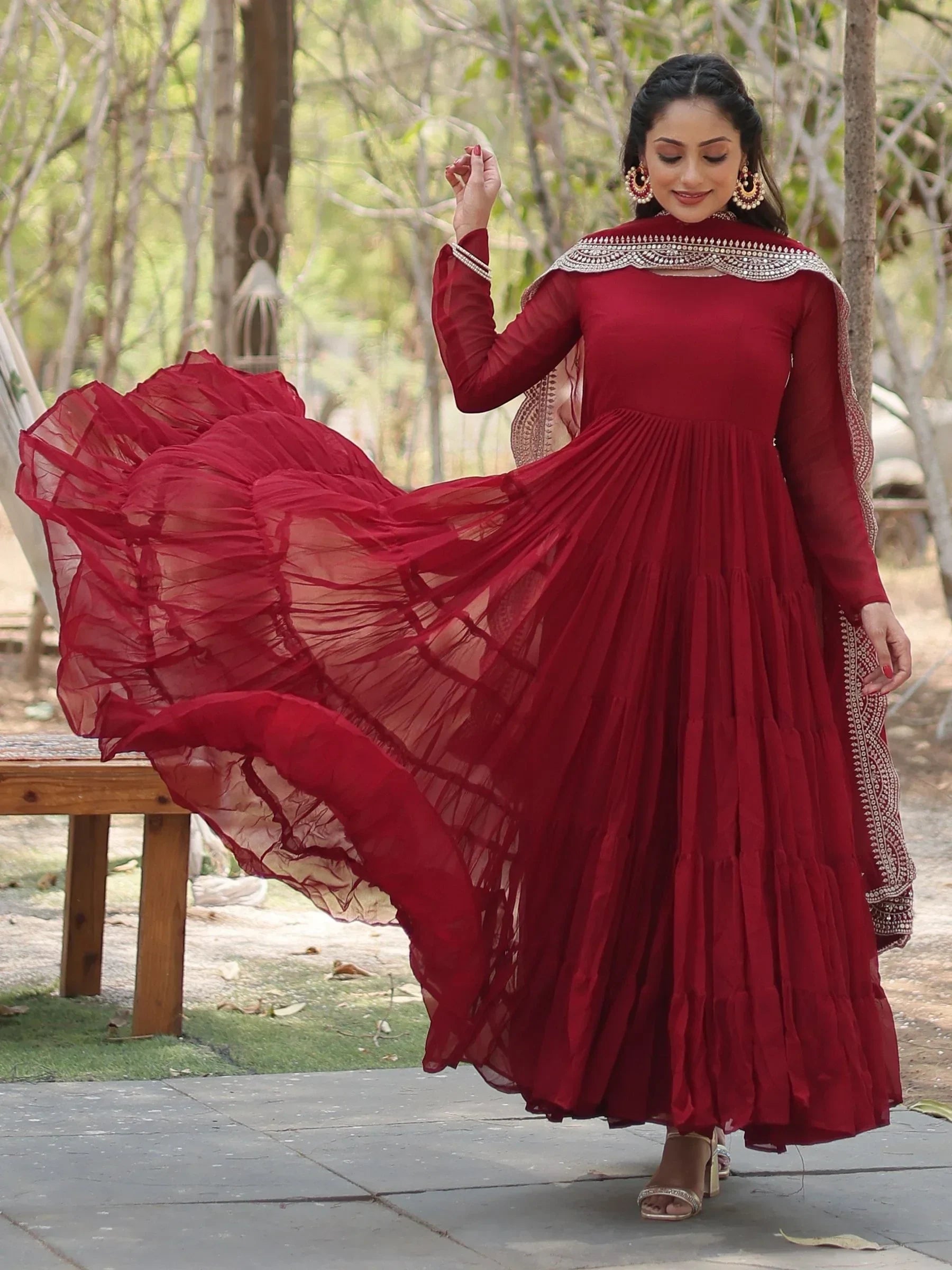Maroon Stunning Georgette Function Wear Plain Gown With Dupatta