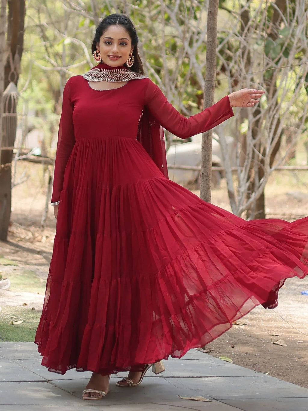 Maroon Stunning Georgette Function Wear Plain Gown With Dupatta