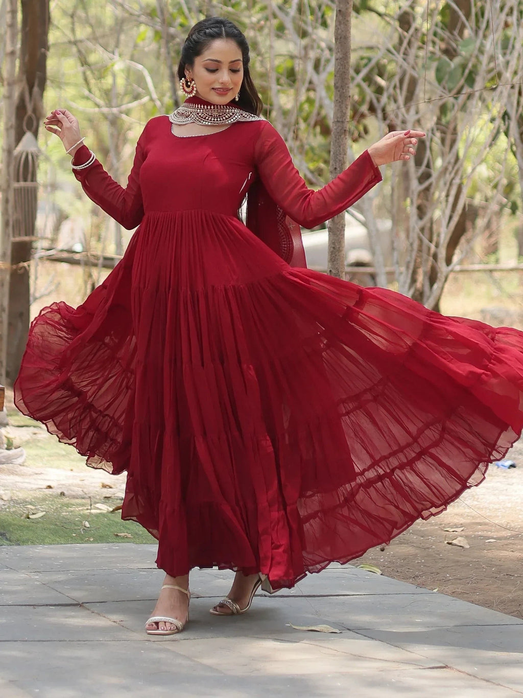 Maroon Stunning Georgette Function Wear Plain Gown With Dupatta