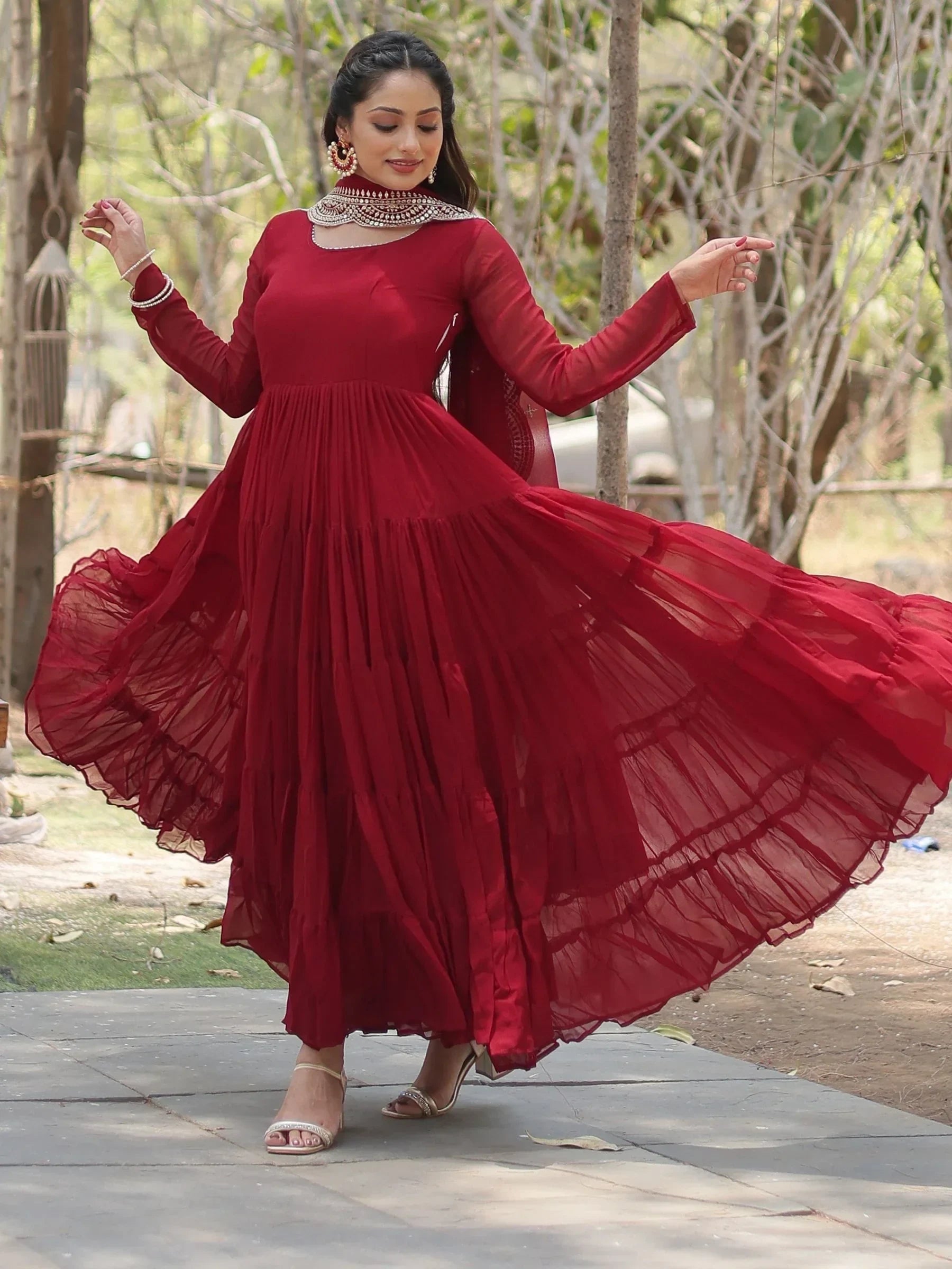 Maroon Stunning Georgette Function Wear Plain Gown With Dupatta
