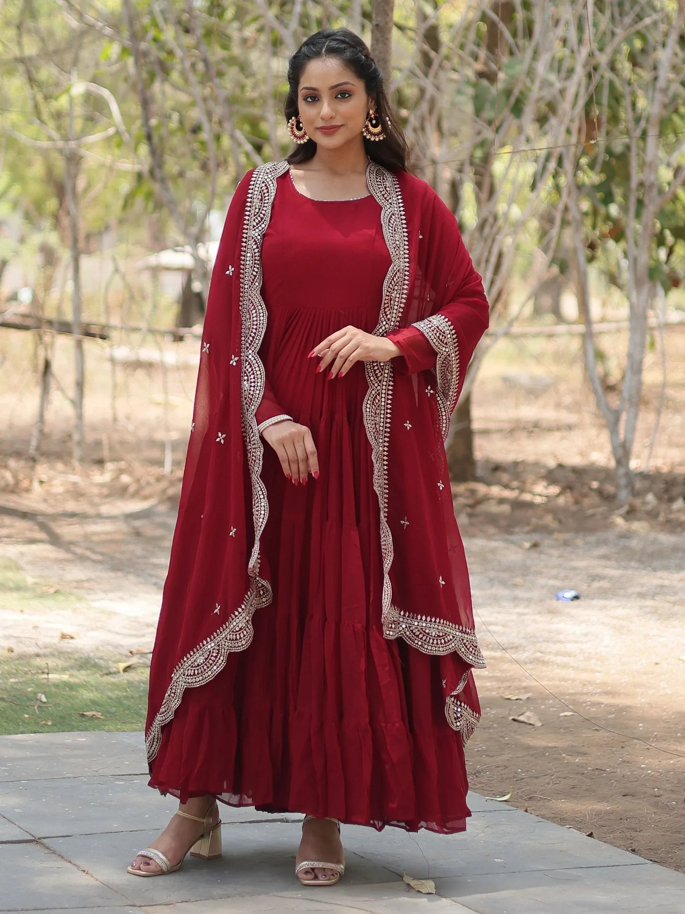 Maroon Stunning Georgette Function Wear Plain Gown With Dupatta