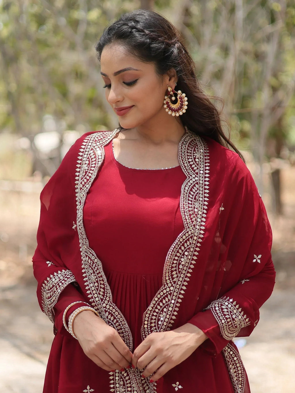 Maroon Stunning Georgette Function Wear Plain Gown With Dupatta