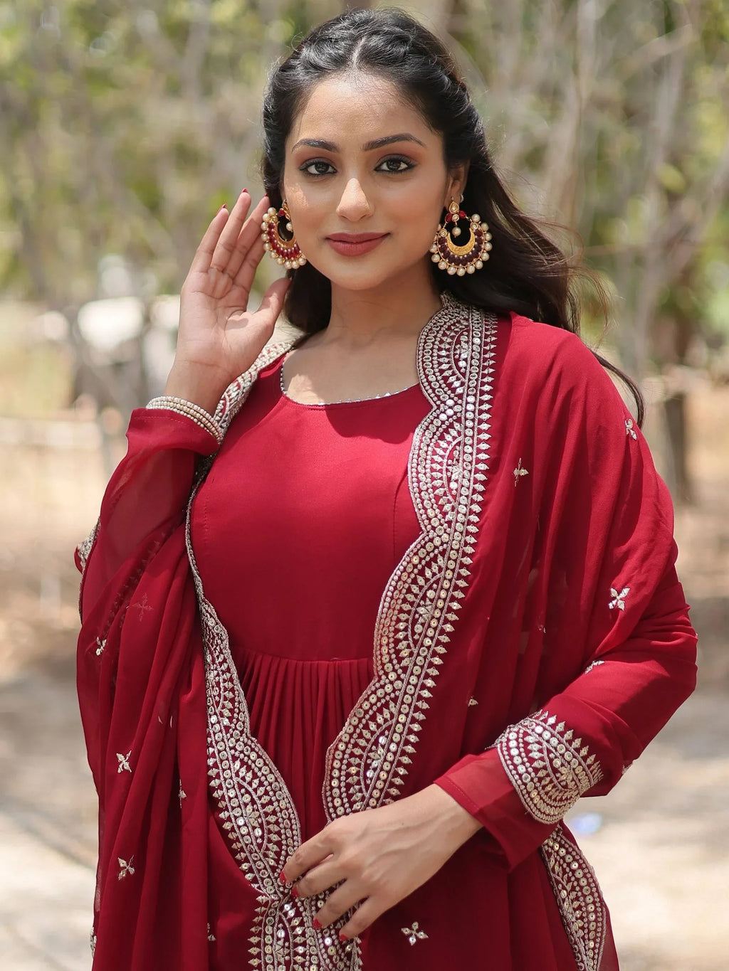 Maroon Stunning Georgette Function Wear Plain Gown With Dupatta
