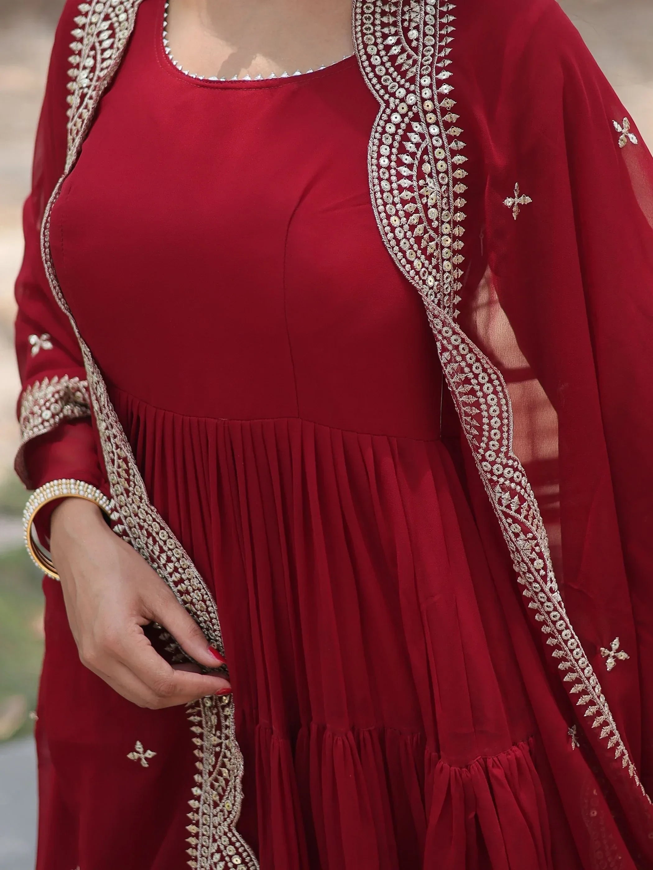 Maroon Stunning Georgette Function Wear Plain Gown With Dupatta
