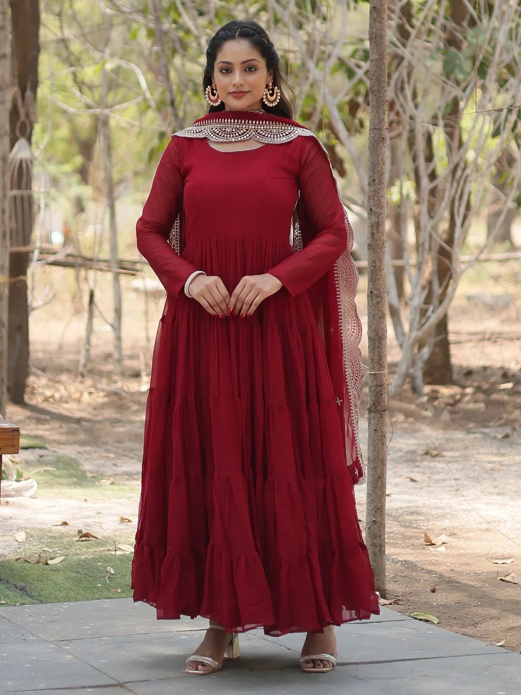 Maroon Stunning Georgette Function Wear Plain Gown With Dupatta