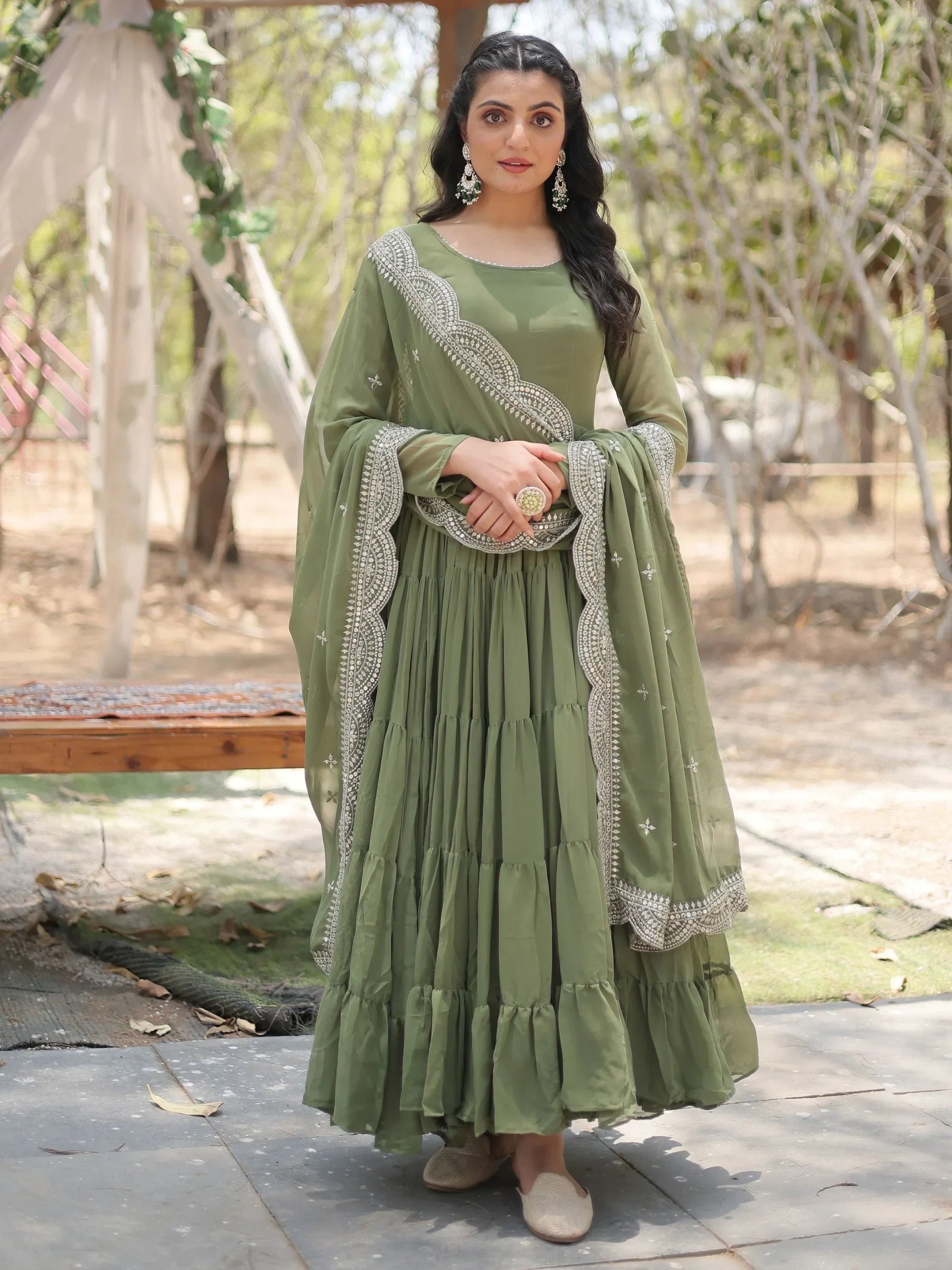 Olive Stunning Georgette Function Wear Plain Gown With Dupatta