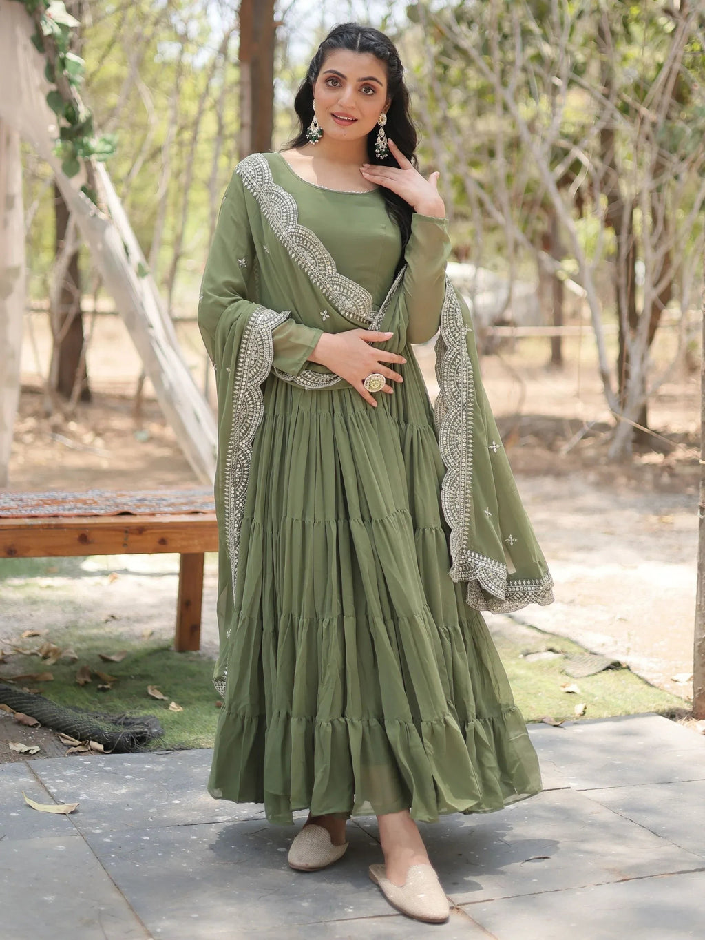 Olive Stunning Georgette Function Wear Plain Gown With Dupatta