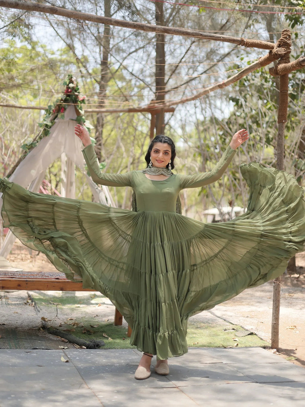 Olive Stunning Georgette Function Wear Plain Gown With Dupatta