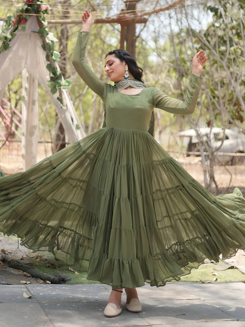 Olive Stunning Georgette Function Wear Plain Gown With Dupatta