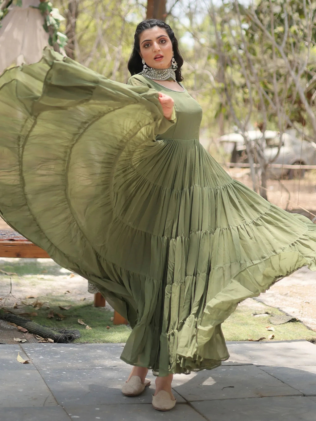 Olive Stunning Georgette Function Wear Plain Gown With Dupatta