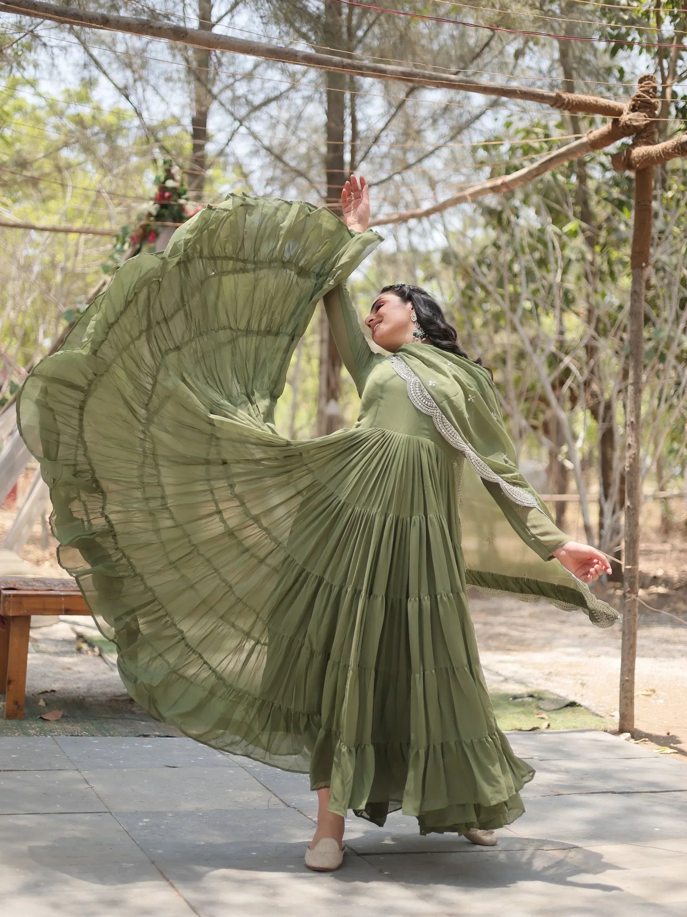 Olive Stunning Georgette Function Wear Plain Gown With Dupatta