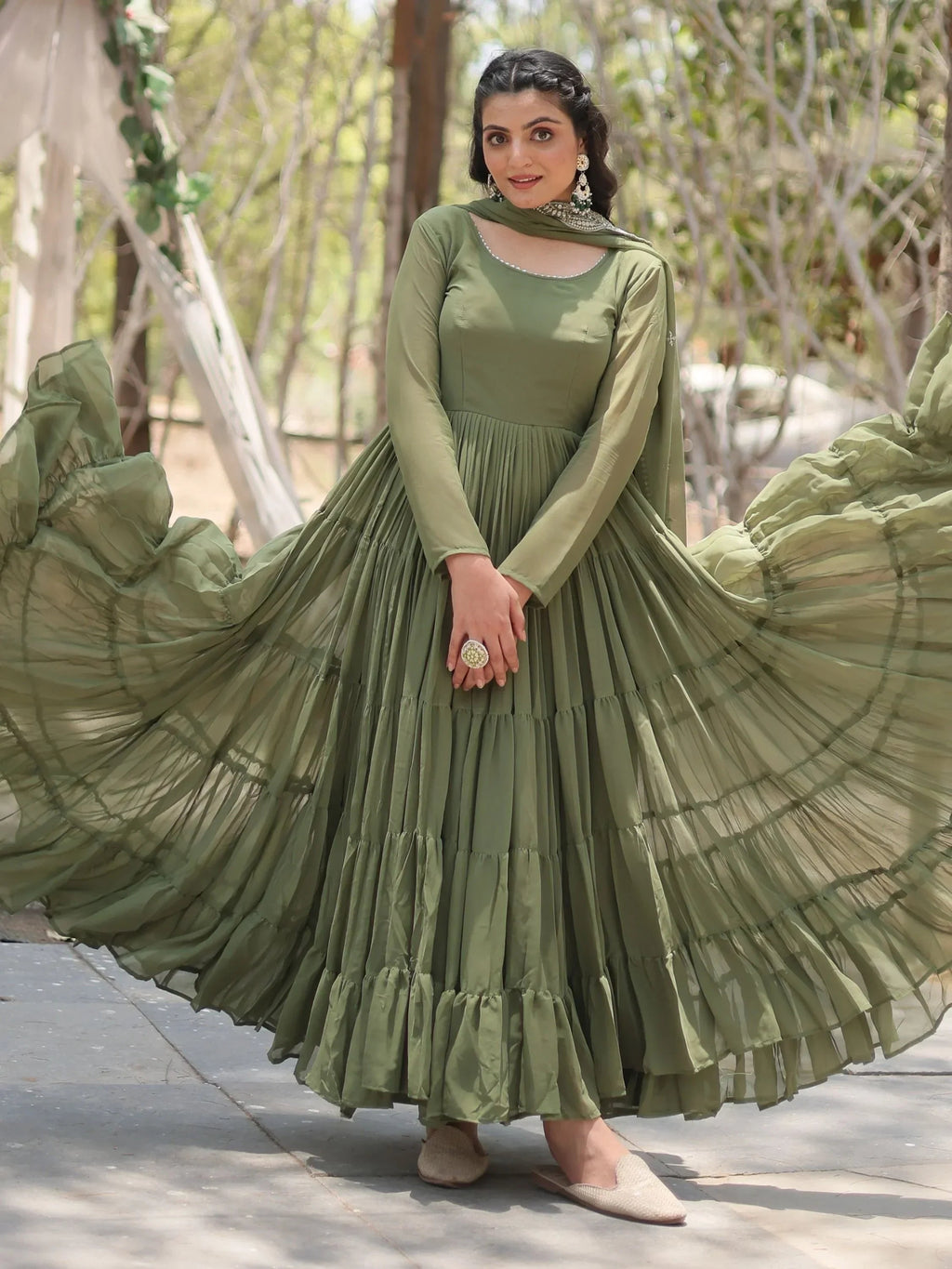Olive Stunning Georgette Function Wear Plain Gown With Dupatta