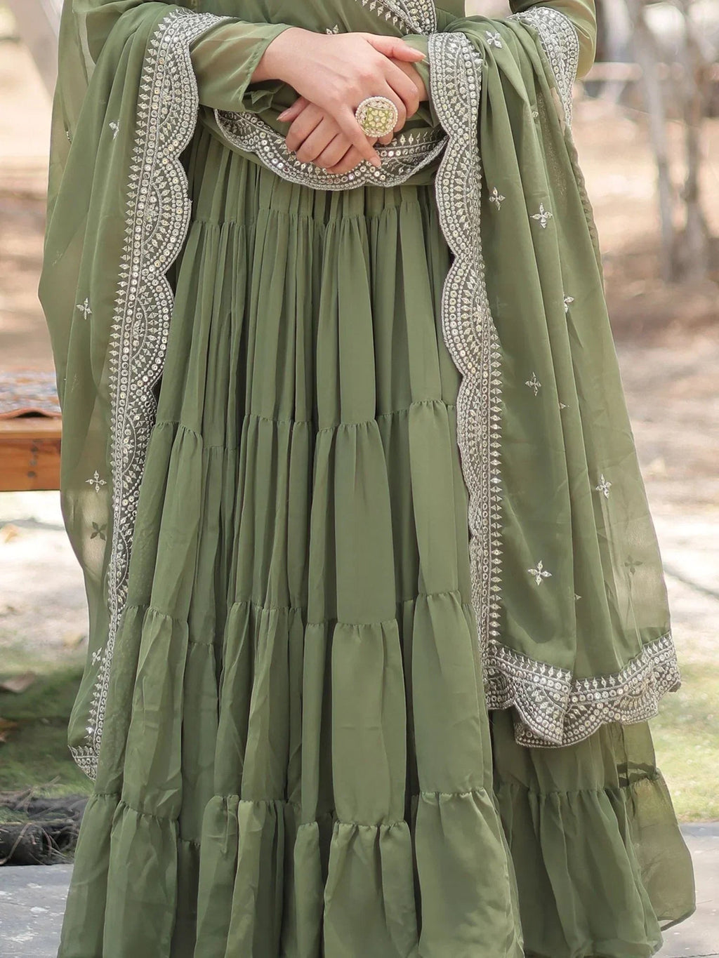 Olive Stunning Georgette Function Wear Plain Gown With Dupatta
