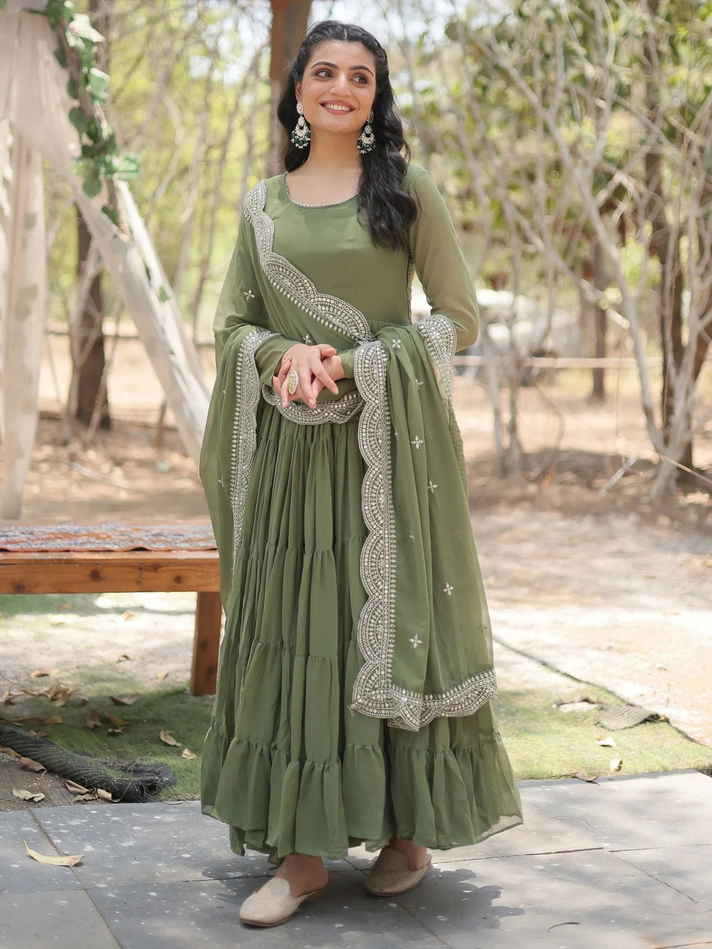 Olive Stunning Georgette Function Wear Plain Gown With Dupatta