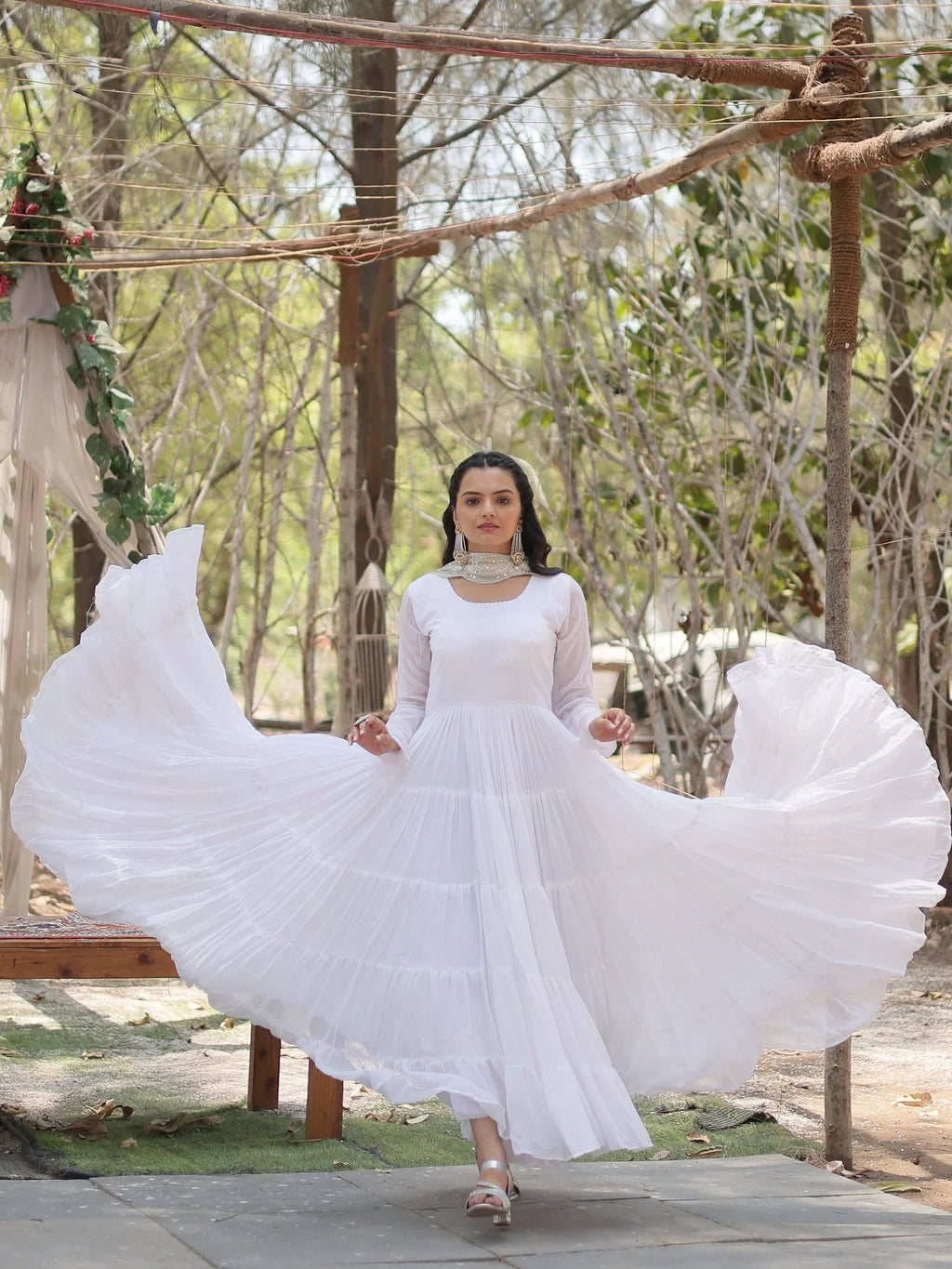 White Stunning Georgette Function Wear Plain Gown With Dupatta