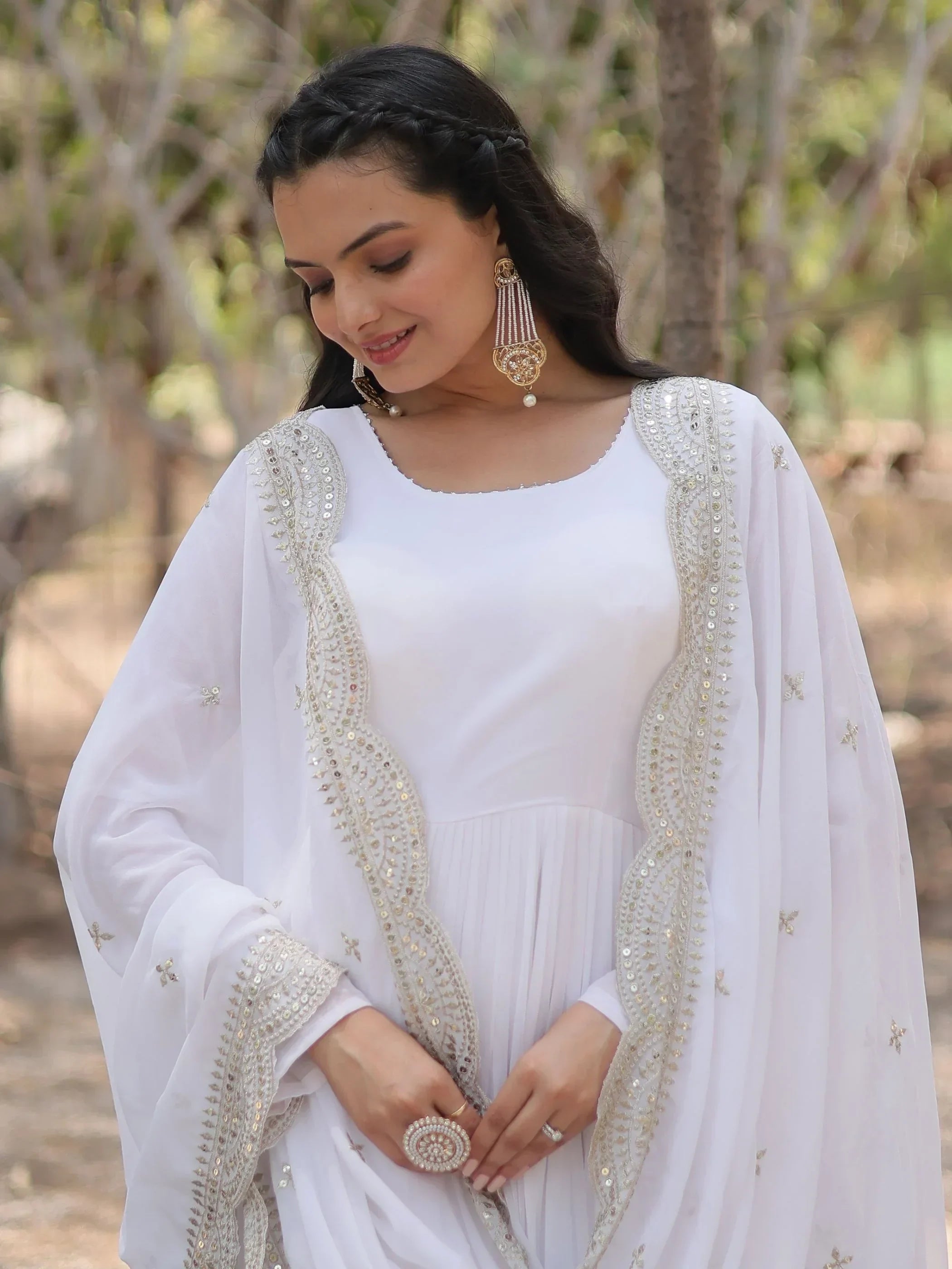 White Stunning Georgette Function Wear Plain Gown With Dupatta