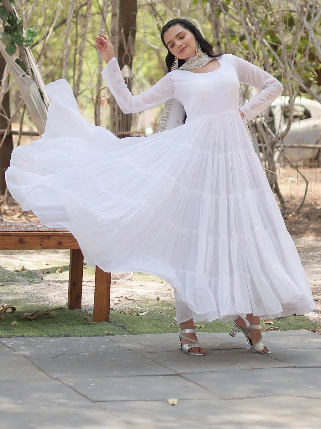 White Stunning Georgette Function Wear Plain Gown With Dupatta