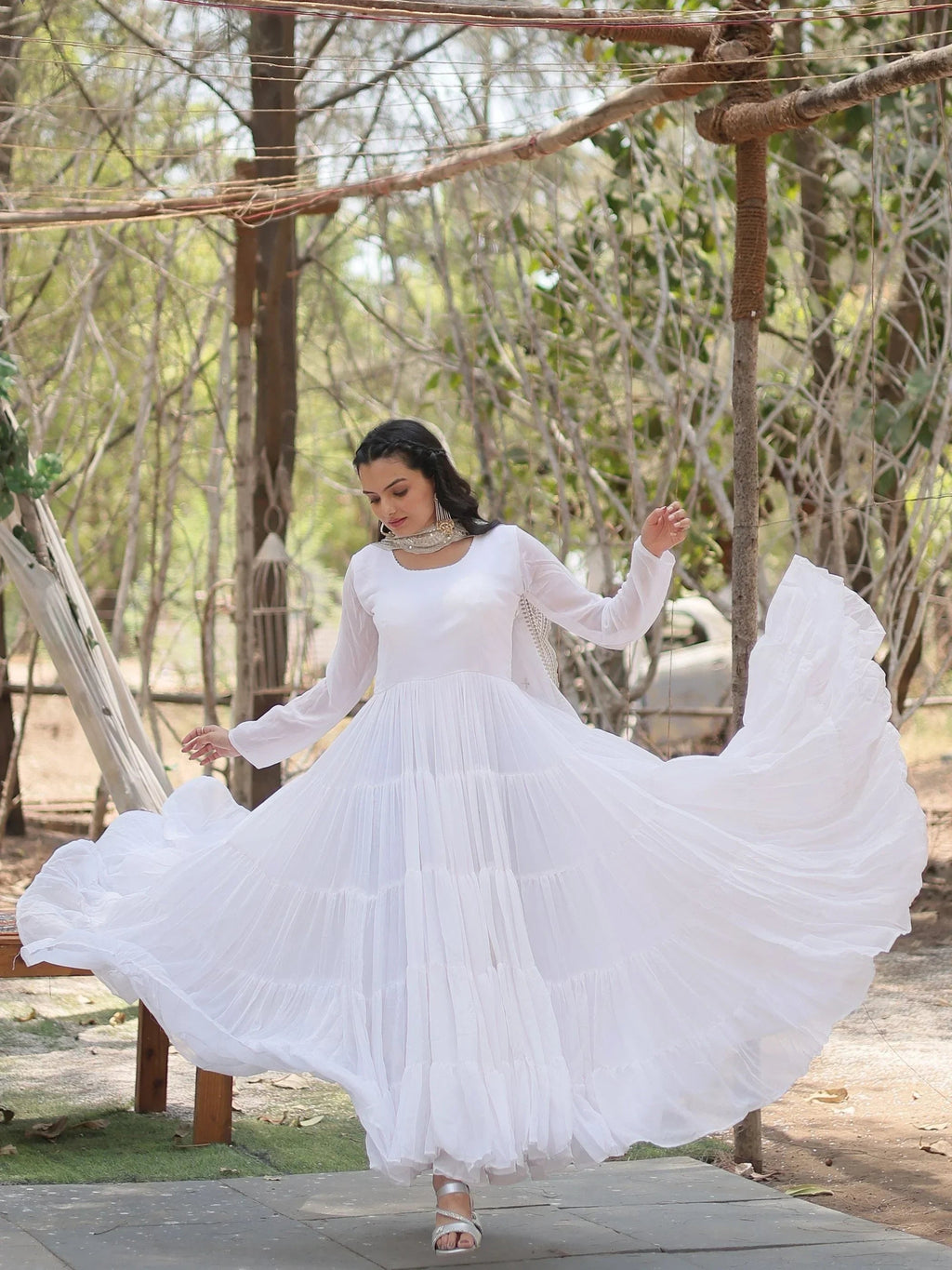 White Stunning Georgette Function Wear Plain Gown With Dupatta